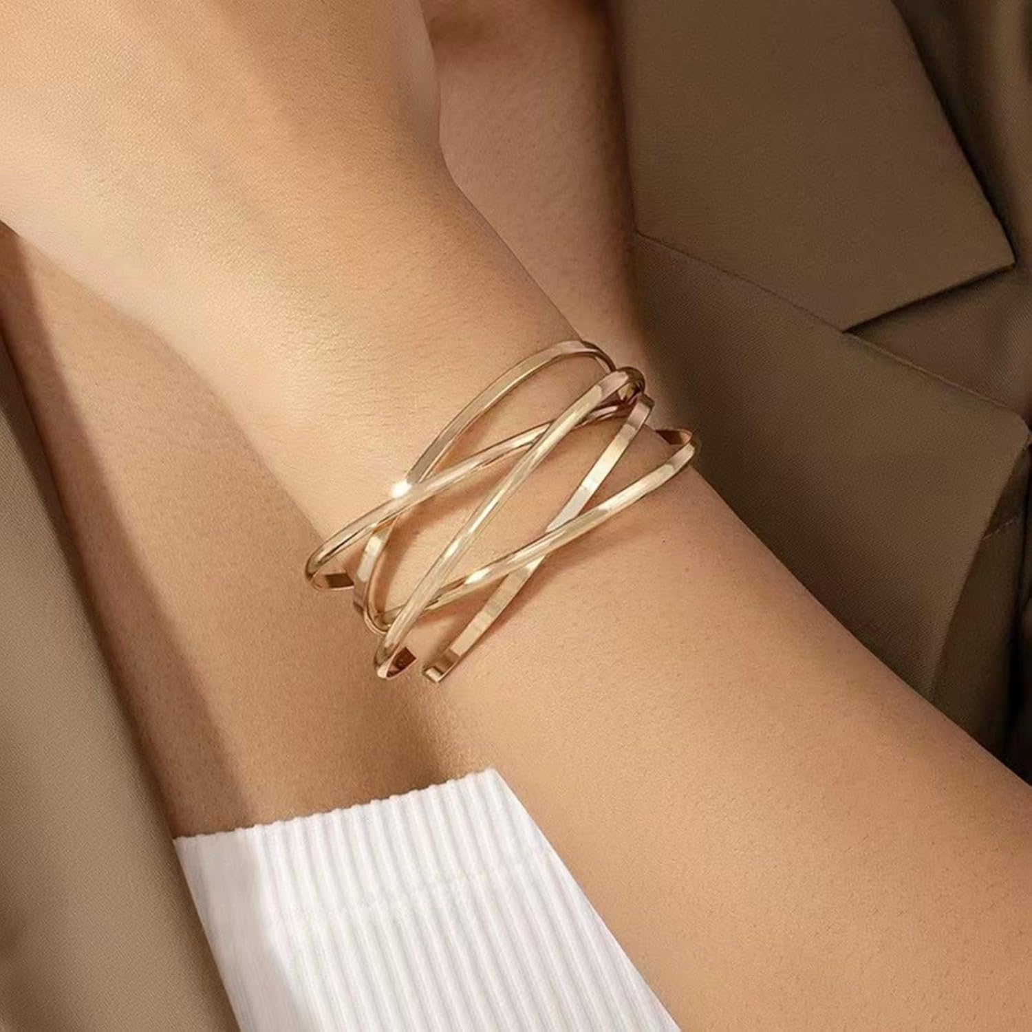 Rrdaily Twisted Gold Cuff Bracelet for Women,Open Wide Wire Bracelets Multi-layer Adjustable Cross Wire Bangle Bracelet Fashion Jewelry - Image 2