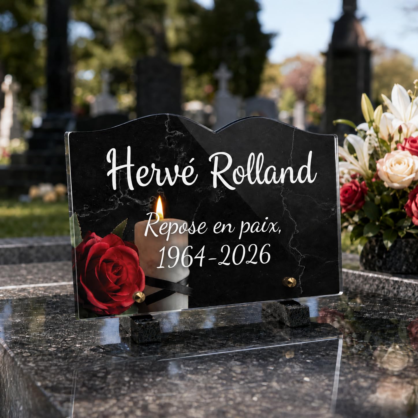 Placa funeraria libro personalizable en plexi, diseño de vela y rosa roja, diferentes tamaños, grosor 6 mm, personalizado en varias líneas, 22-5x15 cm