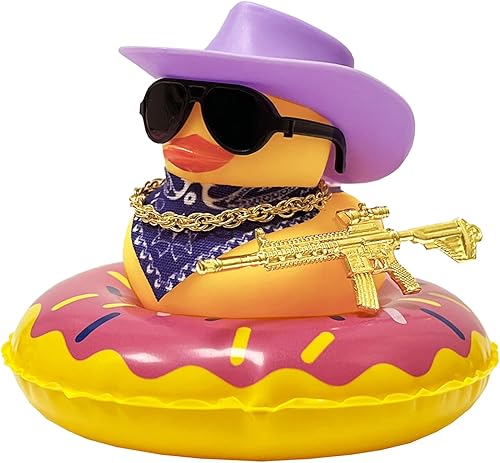 Miniatura 8 de Decoración de pato de goma para tablero de automóvil, accesorios con mini sombrero de sol, collar de anillo de natación y gafas de sol, gafas de sol