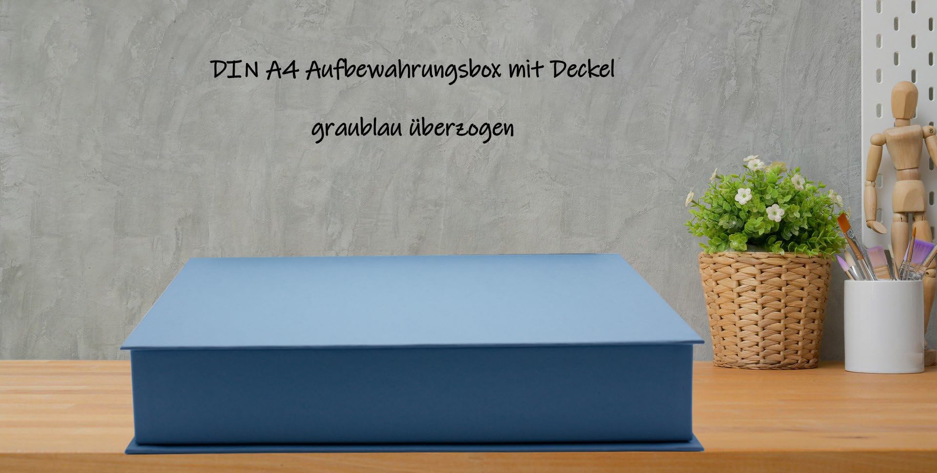 NEUSER PAPIER Pudełko prezentowe z pokrywką na zawiasach – 4 sztuki – DIN A4 – powlekane w kolorze szaroniebieskim – wewnątrz czarne kaszerowane – 334 x 242 x 65 mm – pudełko do przechowywania