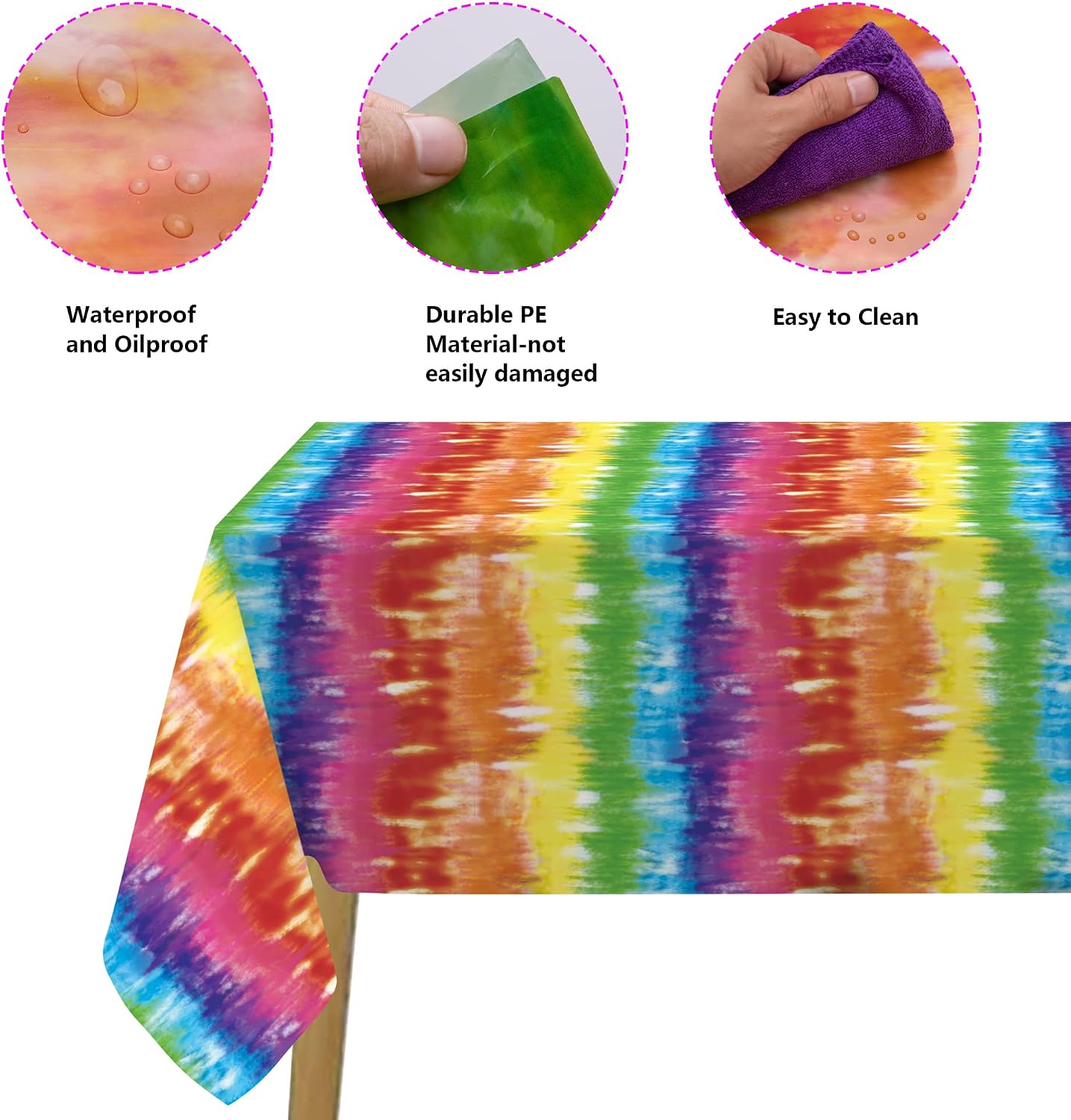 3pcs Tie Die Tablecover - 54" x 108" Tie Die Theme Rainbow Table Cloth Colorful Tablecover for Tie Die Themed Party Decorations