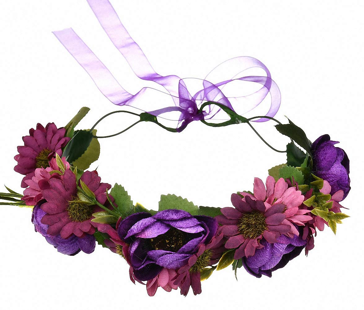 Ulalaza Adjustable Flower Headband Wreath Floral Garland Crown Headpiece Boho Bridal Hair Ribbon for Wedding Party Fall Sunflower