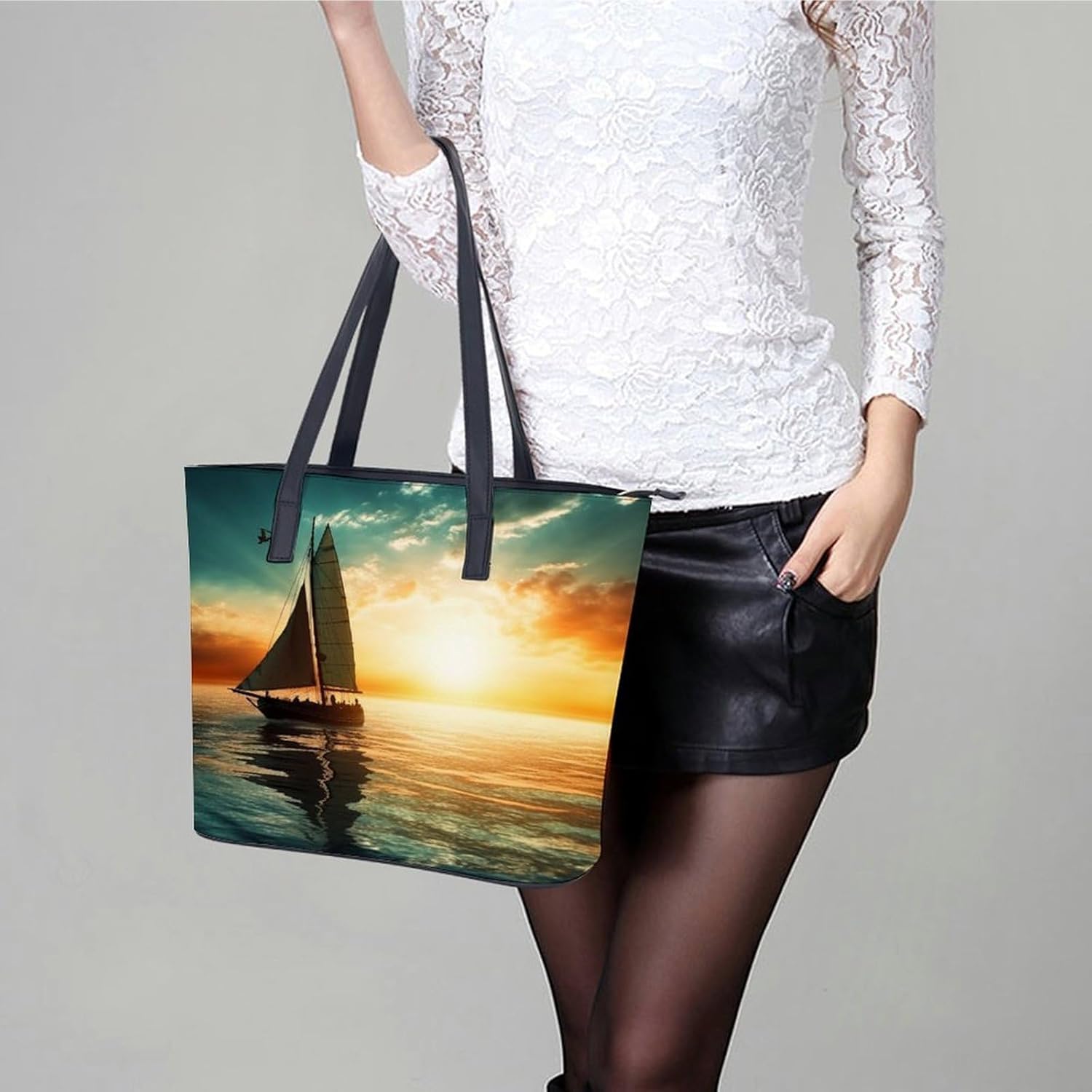 Boat on The Ocean Tote Bag Large Soft Leather Purse with Zipper Lightweight Ladies Shoulder Handbag