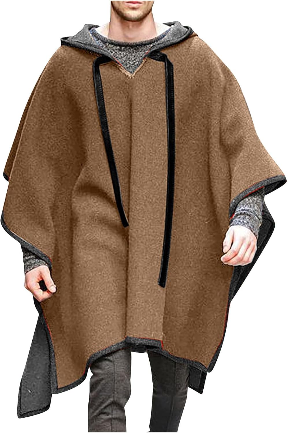 Mens Wool Blend Cape Oversized Casual Hooded Cloak Fall Winter Fashion Stylish Streetwear Pullover Hoodies