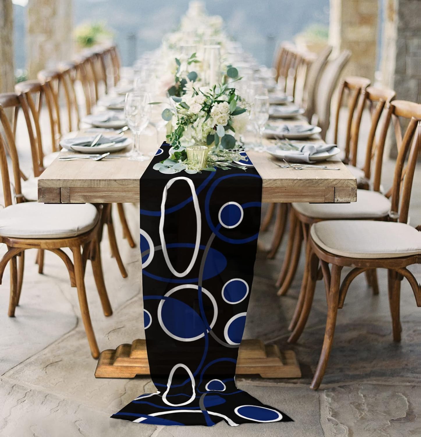 Double Love Geometric Navy Blue Chiffon Table Runner 120 Inches Long