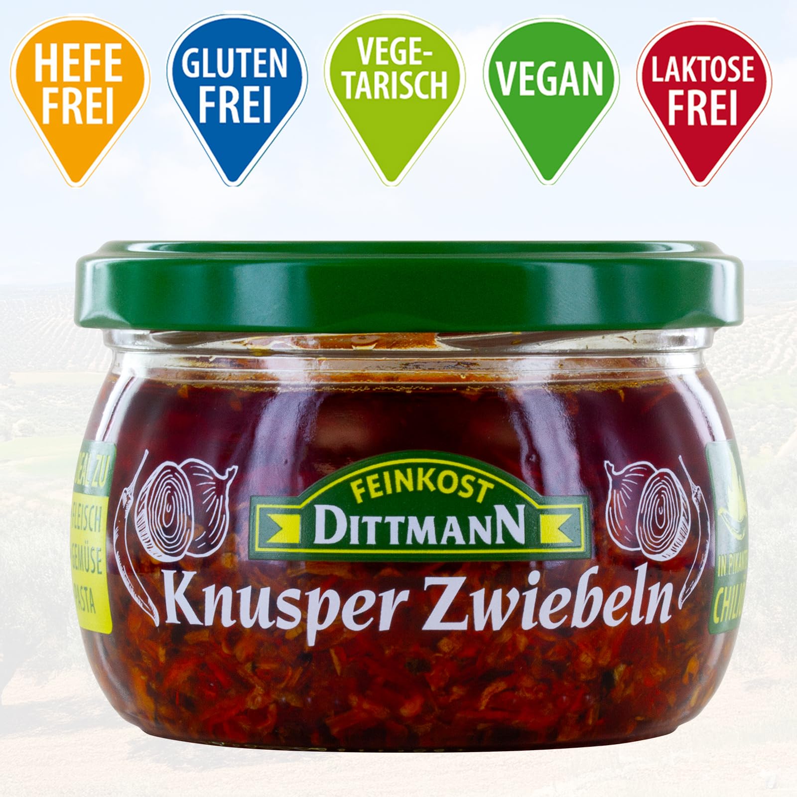 Feinkost Dittmann Knusper Zwiebeln – 185g Glas, 5er Pack | Knusprige Zwiebelbissen, Verfeinert mit Chili-Öl, Ideal für Pasta, Gemüse, Fleisch und Grillgerichte
