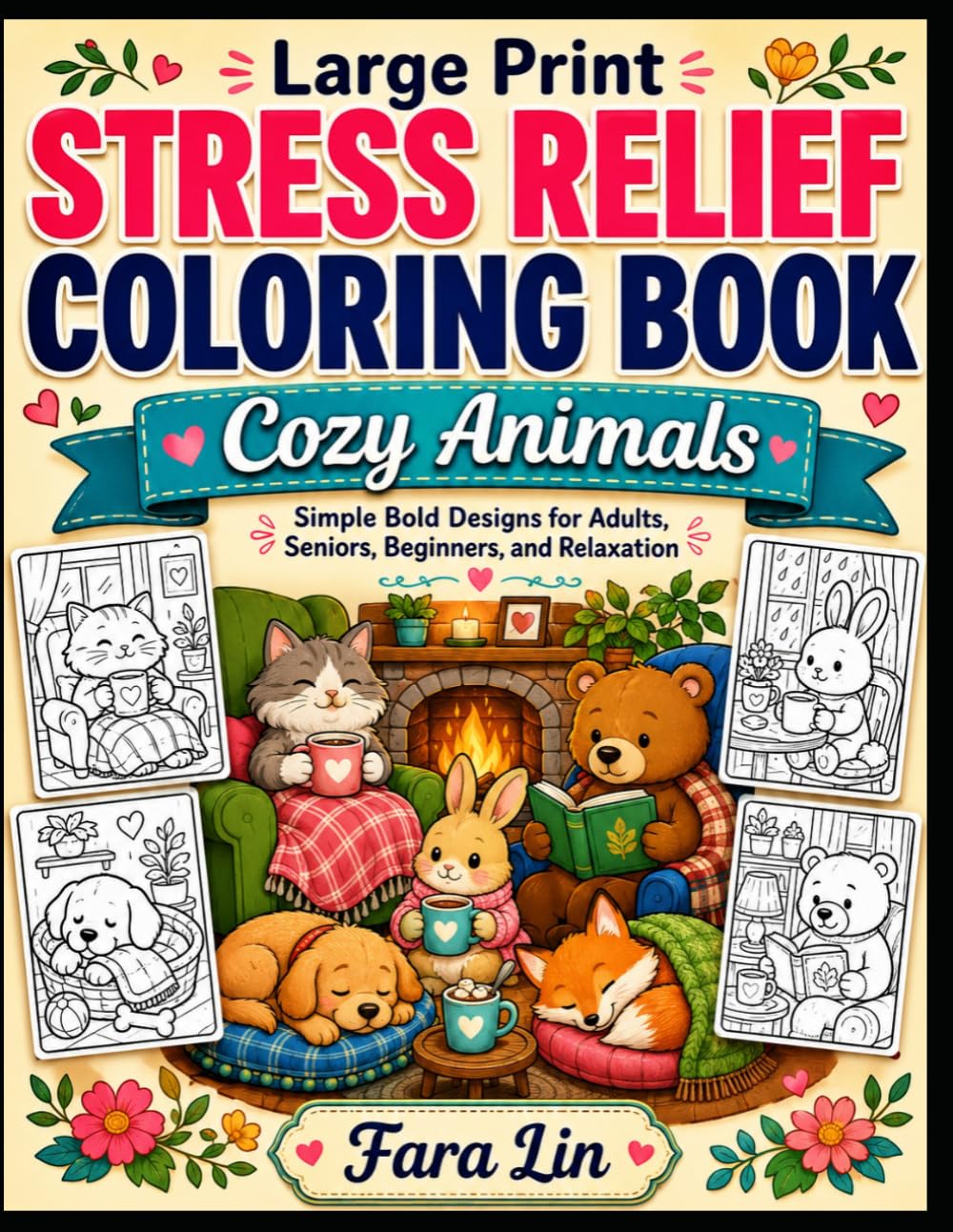 Large Print Stress Relief Coloring Book: Cozy Animals: Simple Bold Designs for Adults, Seniors, Beginners, and Relaxation