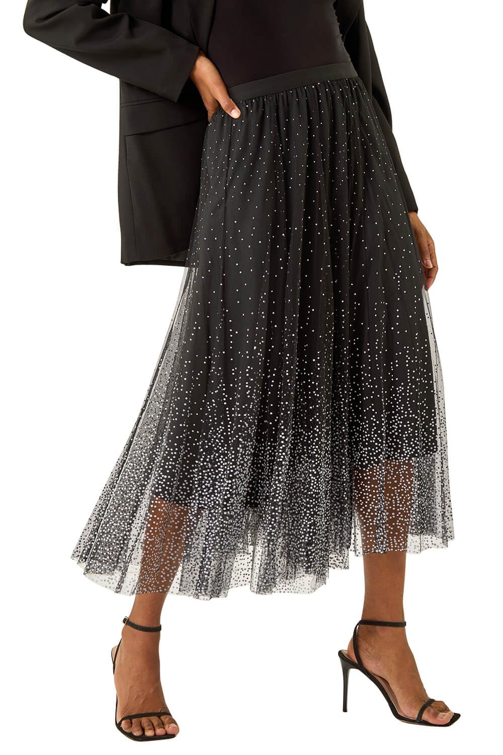 Roman Women's Polka Dot Print Elasticated Mesh Skirt in Black | Size: 16