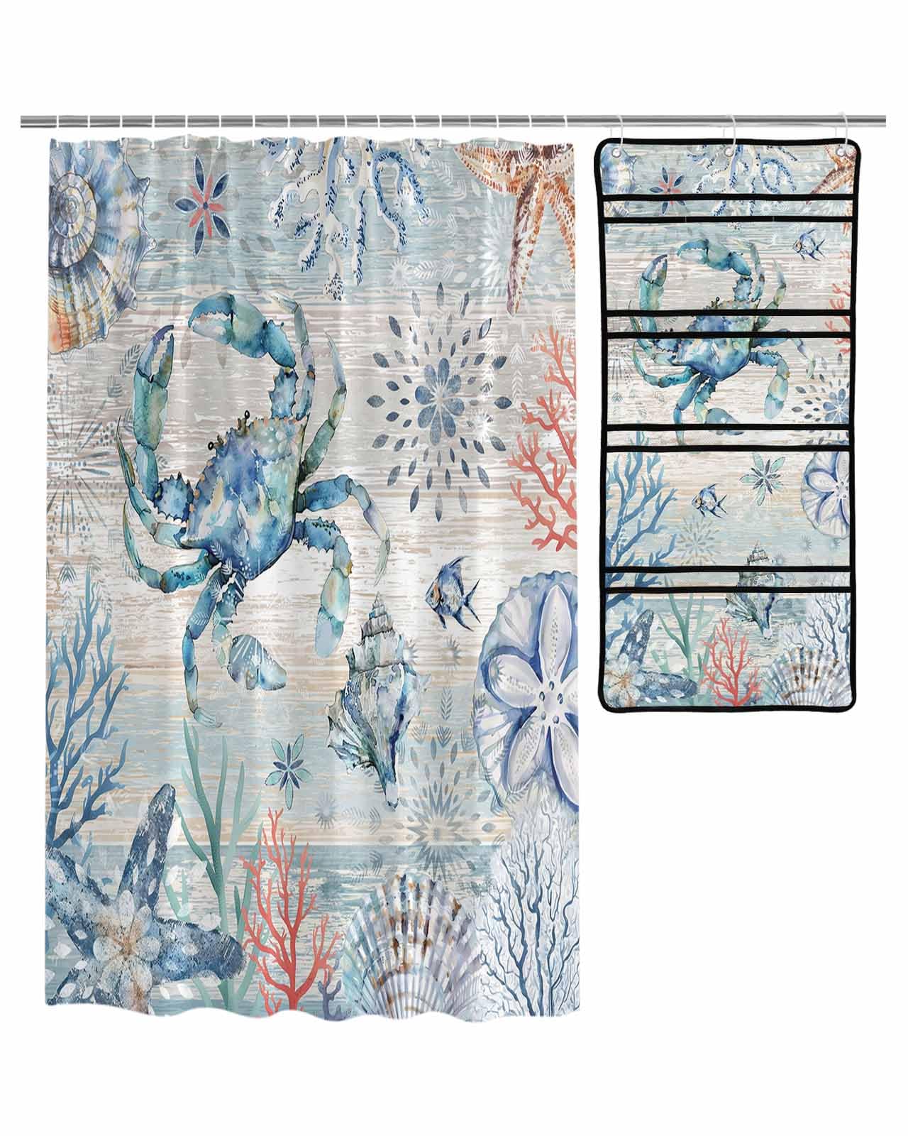 Decorative Shower Curtain Sets Summer Ocean Coral Shell Crab Retro Wood Blue Grain Polyester Fabric Waterproof Shower Curtains