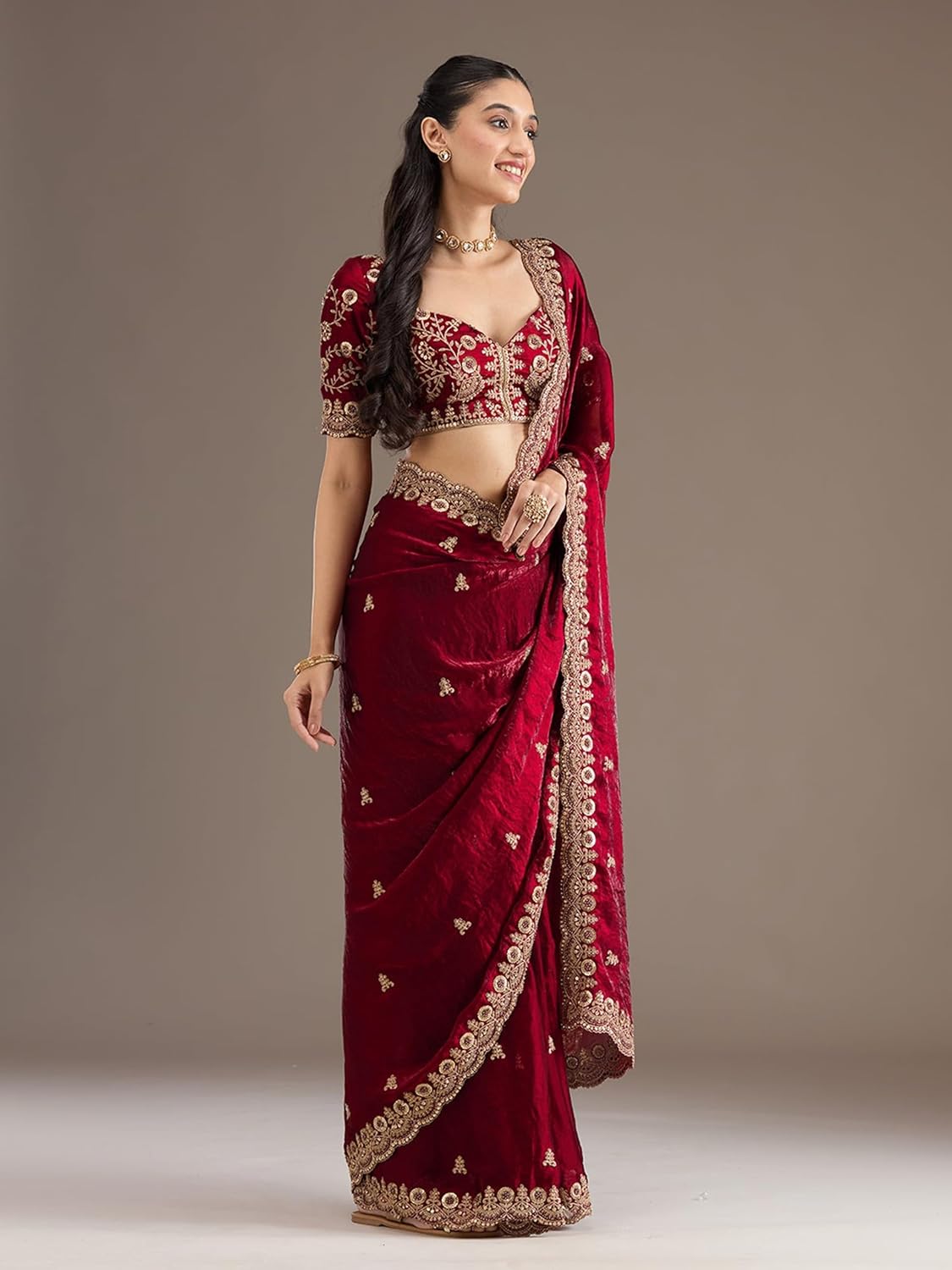 TRENDMALLS Women's Satin Embroidery Sequence Work Saree with Unstitch Blouse Piece For Women (K1248-Maroon)