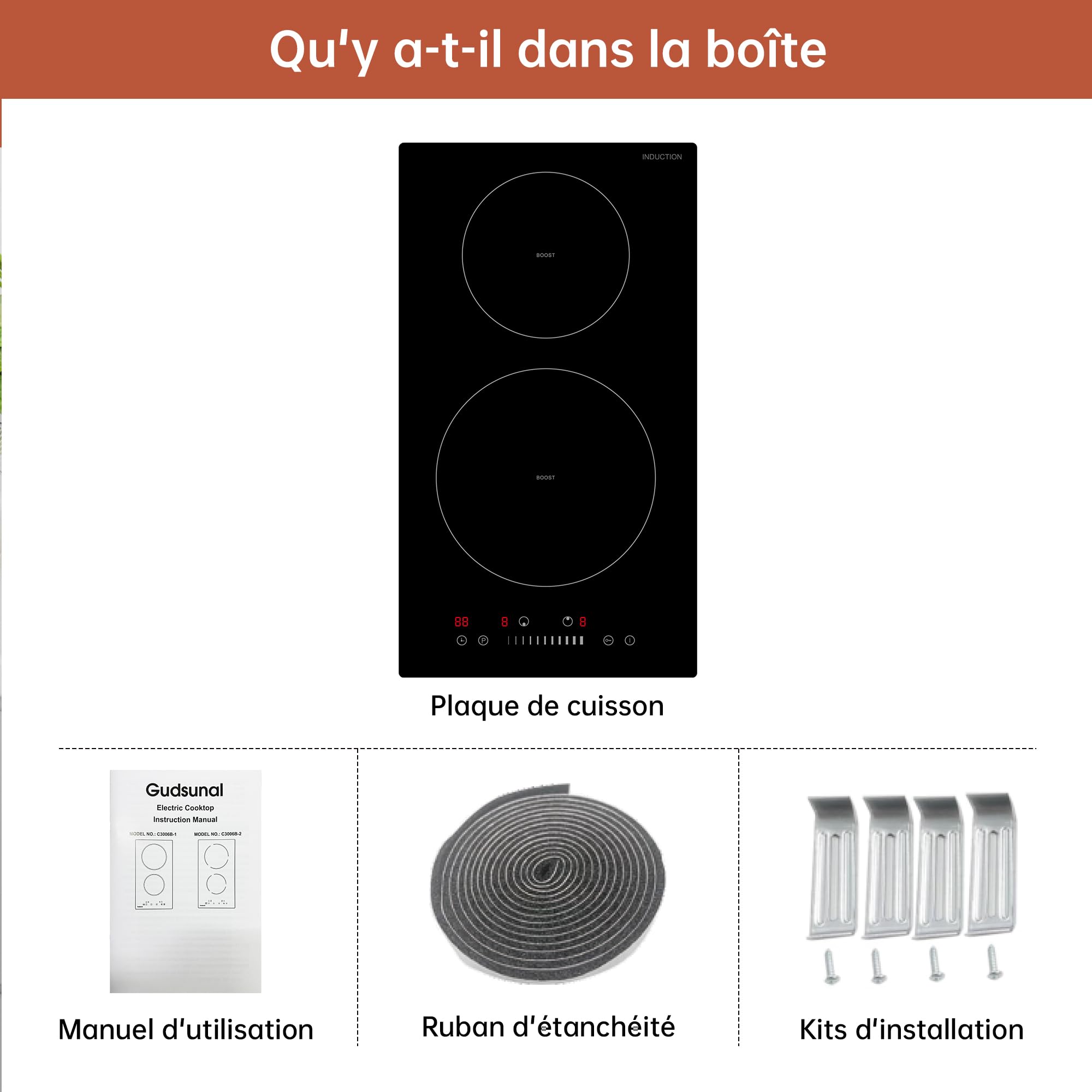 Plaque Induction 2 Feux Encastrable 3600 W, Puissance 9 Niveaux, Boost Rapide, Chauffage Doux, Minuterie, Sécurité Enfant, Détecteur Casserole, Tactile Coulissant,Noir Brillant
