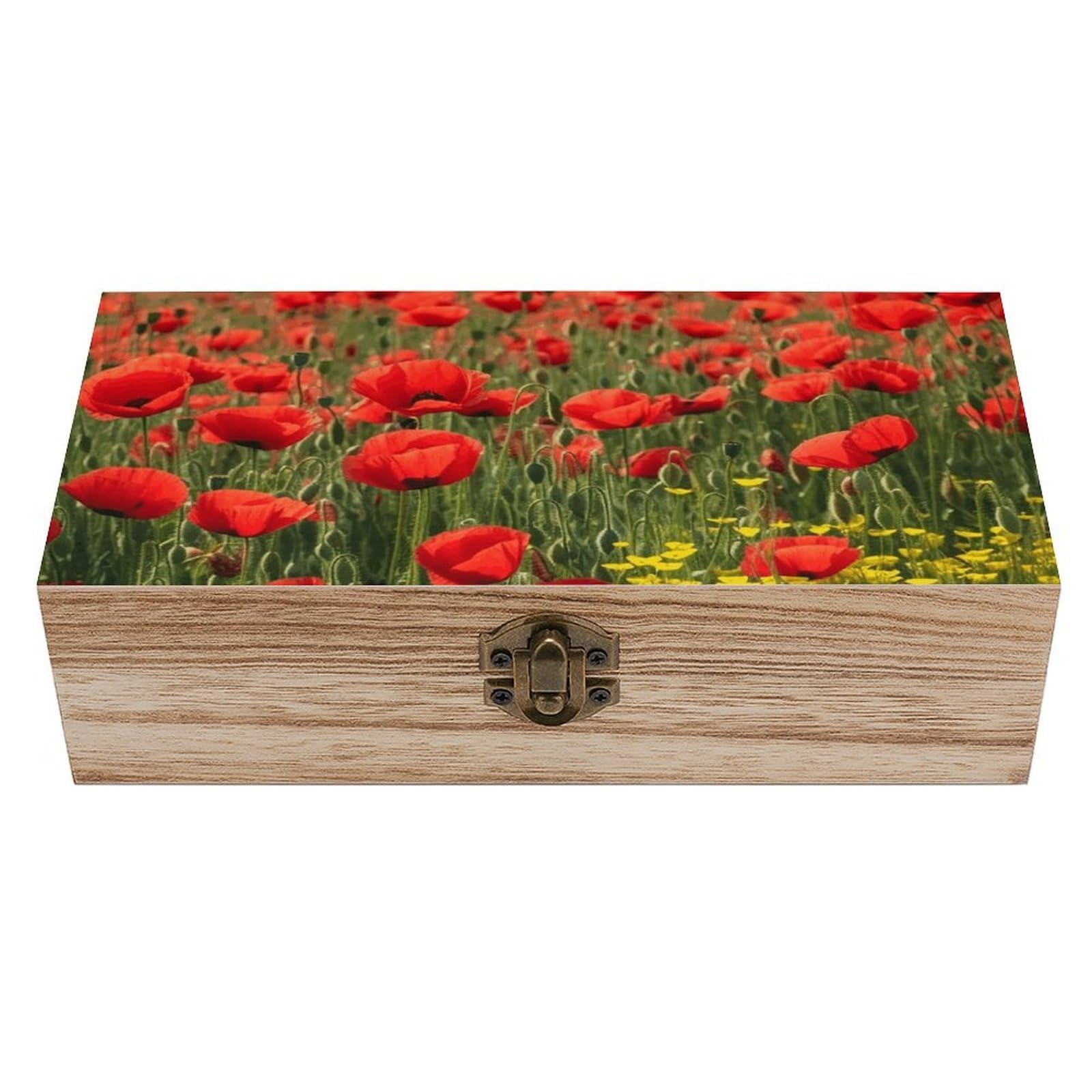 Wooden Storage Box Red Poppy Field Farm Meadow Landscape Wood Gift Box with Hinged Lid Vintage Decorative Jewelry Boxes Memory Box for Jewelry Art Hobbies Home Storage Treasure Keepsake Gift 7.9''x3.