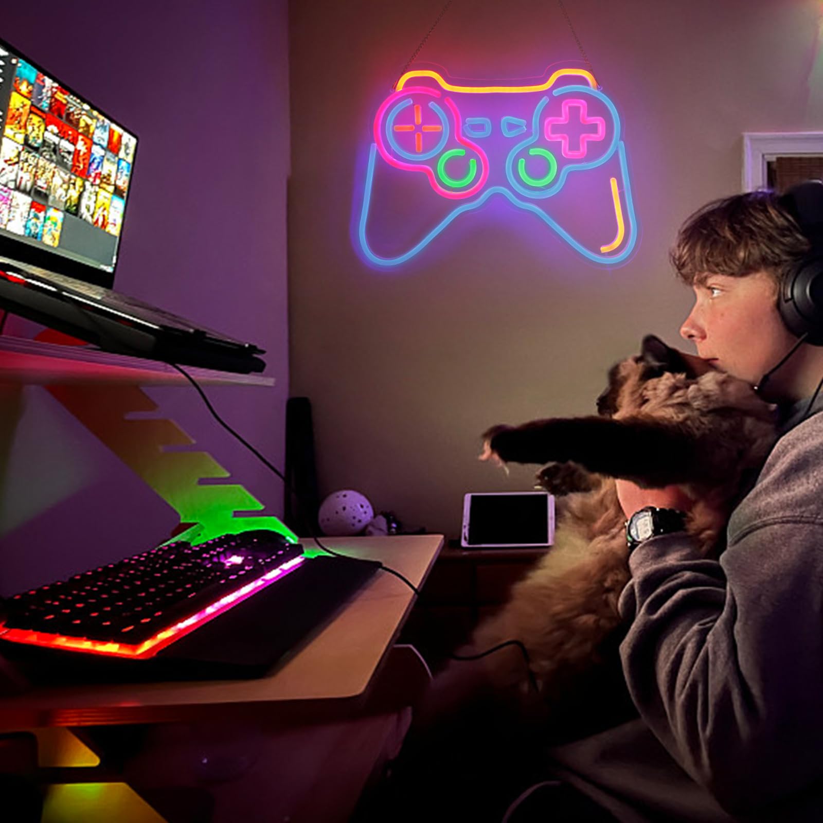 Neonlicht Schild, LED-Umgebungslicht, Leuchtreklame, Gaming Zone Panda Lichtzeichen, Neonschilder für Spielzimmer Wand, Spielzimmer, Kinderzimmer, Schlafzimmer, Wohnzimmer Wanddekorationen (Gamepad)