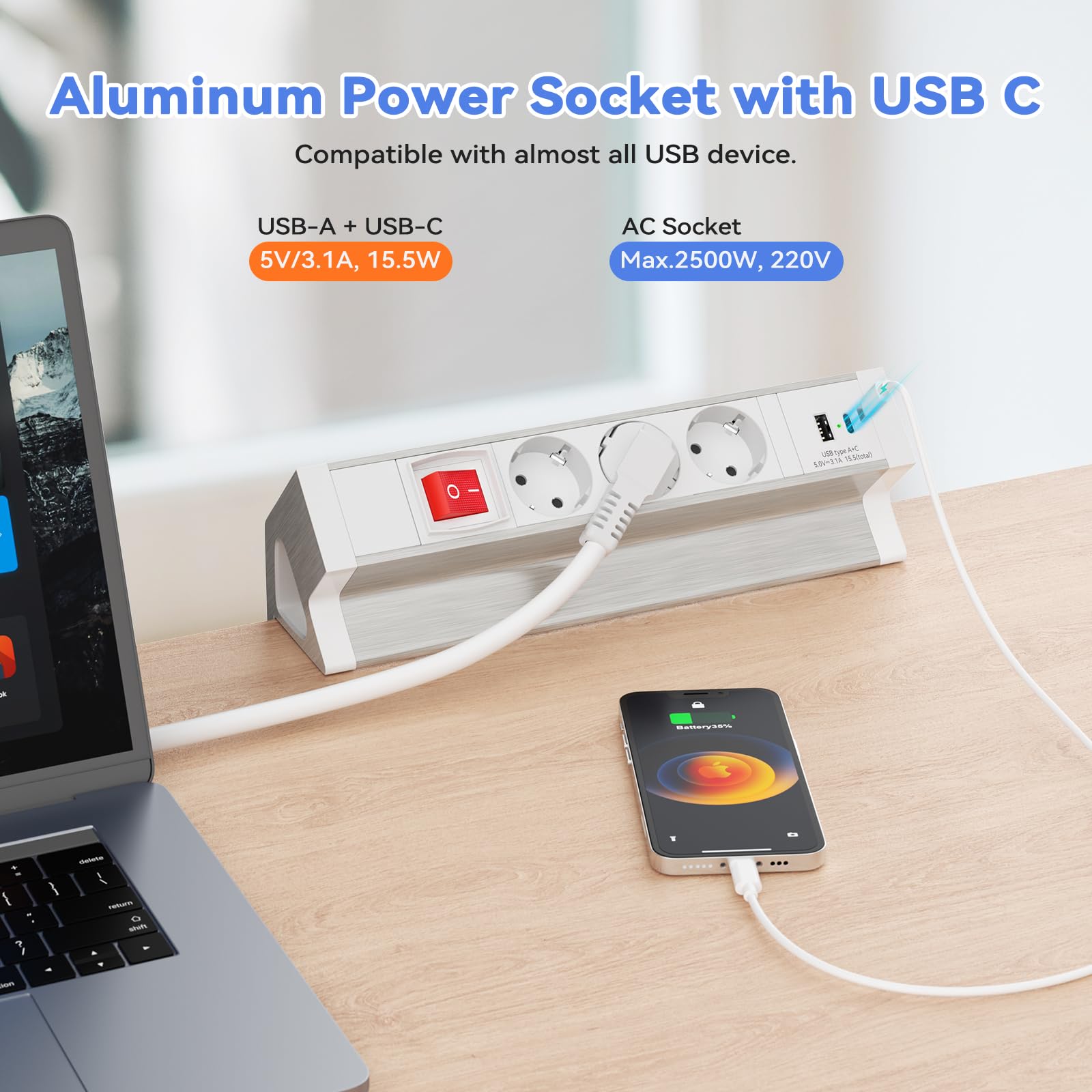 Tafelstopcontact met USB C 3 M, stekkerdoos bureau, 3-voudig meervoudig stopcontact met schakelaar, stekkerdoos met USB voor thuis kantoor, tafelstopcontact, klembaar 3 m netsnoer, 3680 W/16 A