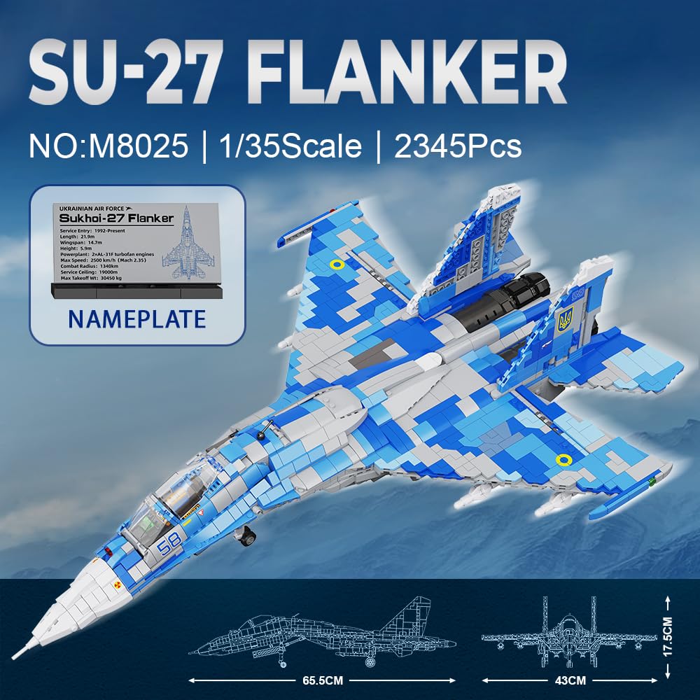 MISINI M8025 SU-27 Flanker Klemmbausteine Bausatz, MOC Militärflugzeug Modell mit Ständer und Namensschild, Kampfflugzeug Ausstellung Geschenk für Militärfans und Erwachsene Enthusiasten-2345 Stück