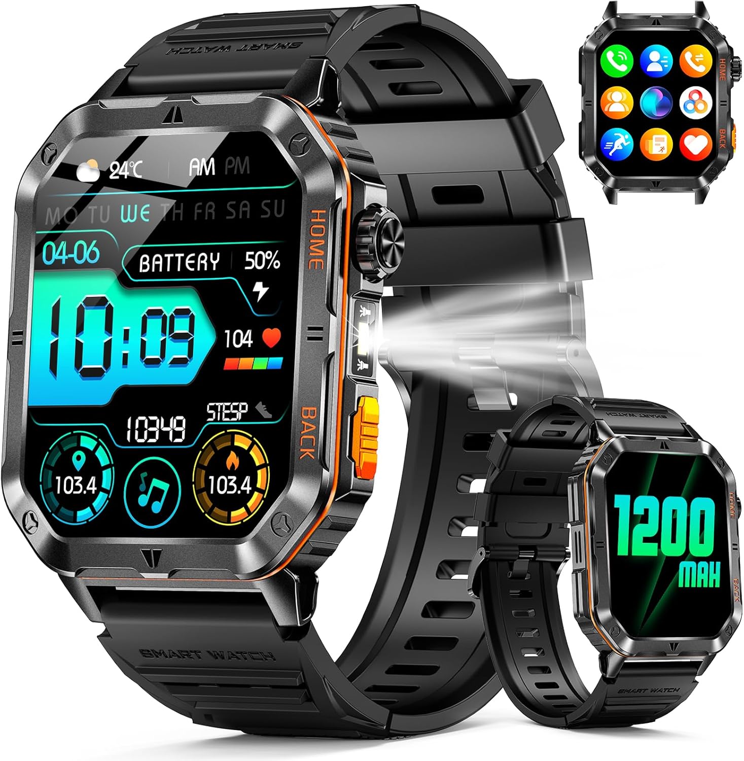 Military Smart Watch for Men, 2.01” Fitness Tracker with 1200mAh Long Battery Life, Bluetooth Calls, Flashlight, IP68 Waterproof, Heart Rate/Sleep Tracking, 100+ Sports Modes for Android iPhone Military Smart Watch for Men, 2.01” Fitness Tracker with 1200mAh Long Battery Life, Bluetooth Calls, Flashlight, IP68 Waterproof, Heart Rate/Sleep Tracking, 100+ Sports Modes for Android iPhone