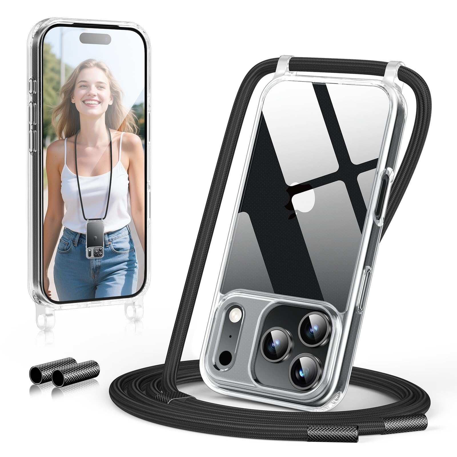 GOODVISH Handykette für iPhone 17 Pro Hülle mit Band, Kameraschutz und Bildschirmschutz, Necklace Handyhülle mit Schnur Schutzhülle für zum Umhängen Transparent Case mit Kordel 6.3", Schwarz