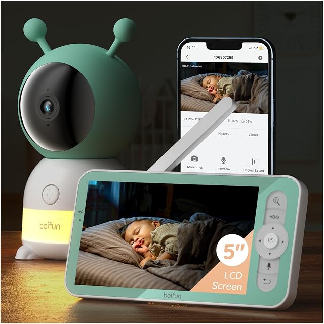 2K Wifi Video Baby Monitor, App & 5'' Screen Control, Night Light, Motion&Cry Detection, PTZ, Auto Tracking, 3000mAh Battery, Humidity & Temperature Sensor, BOIFUN Smart Baby Monitor with Night Vision
