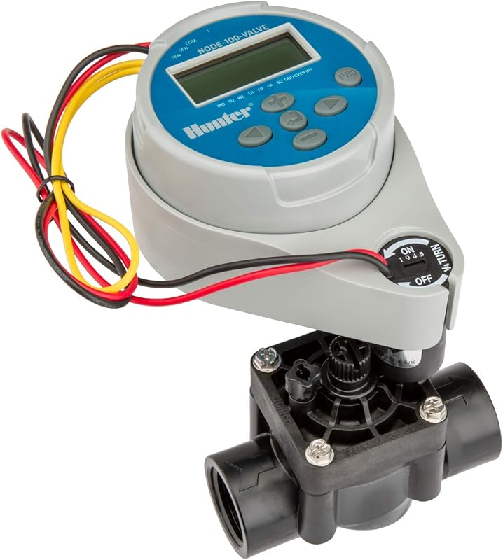 Hunter NODE-100-VALVE Temporizador de aspersor a batería, controlador de 1 zona con válvula | Controlador de riego a batería de 1 estación con válvula PGV de 1 pulg., control de flujo, solenoide de bloqueo de CC y carcasa impermeable
