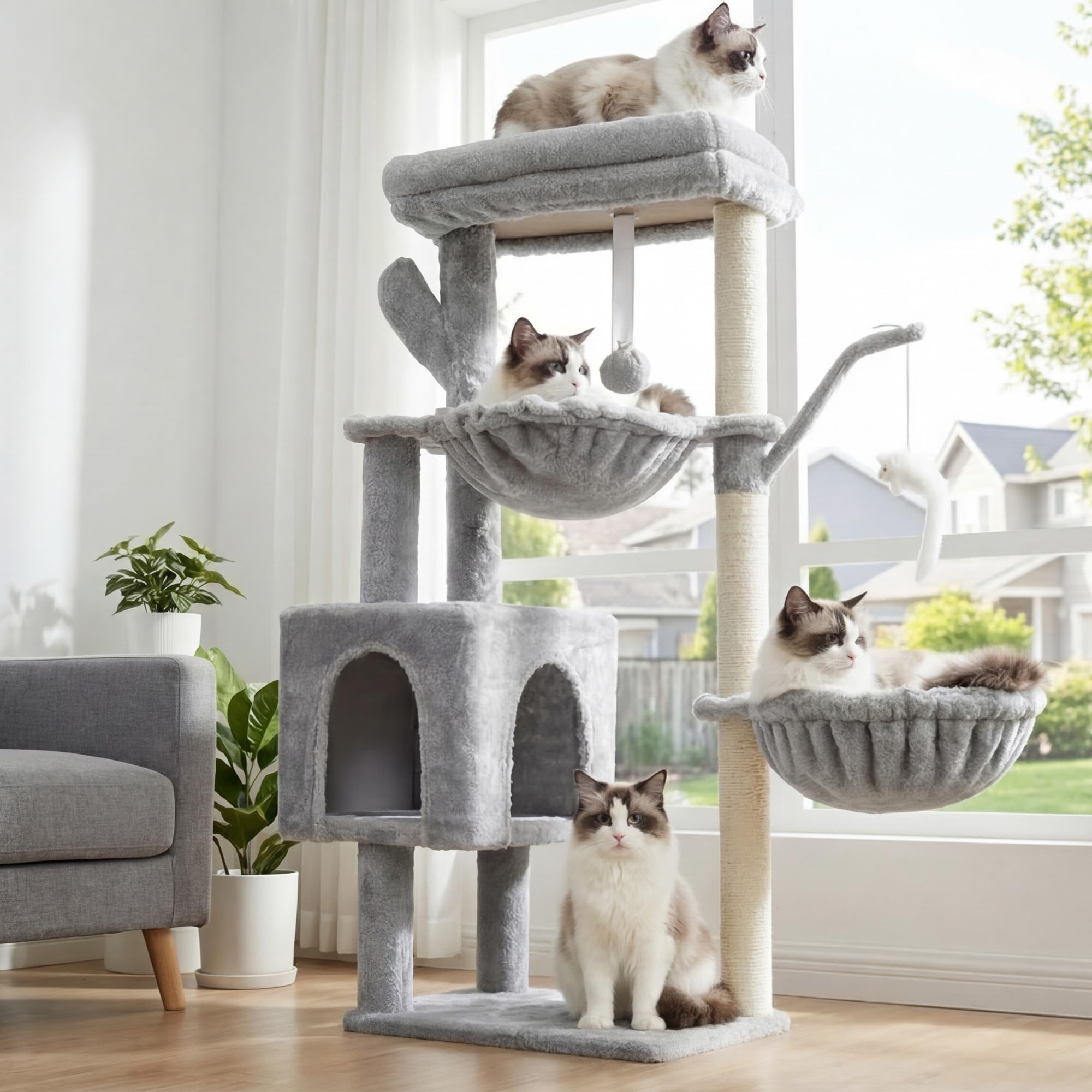 Heybly Kratzbaum, 100cm hoher Katzenbaum Kletterturm mit großer Plattform Oben, Höhle, 2 Hängematten, Katzenspielzeug, Katzenmöbel, Kletterbaum Aktivitätskratzbaum, HCT006S