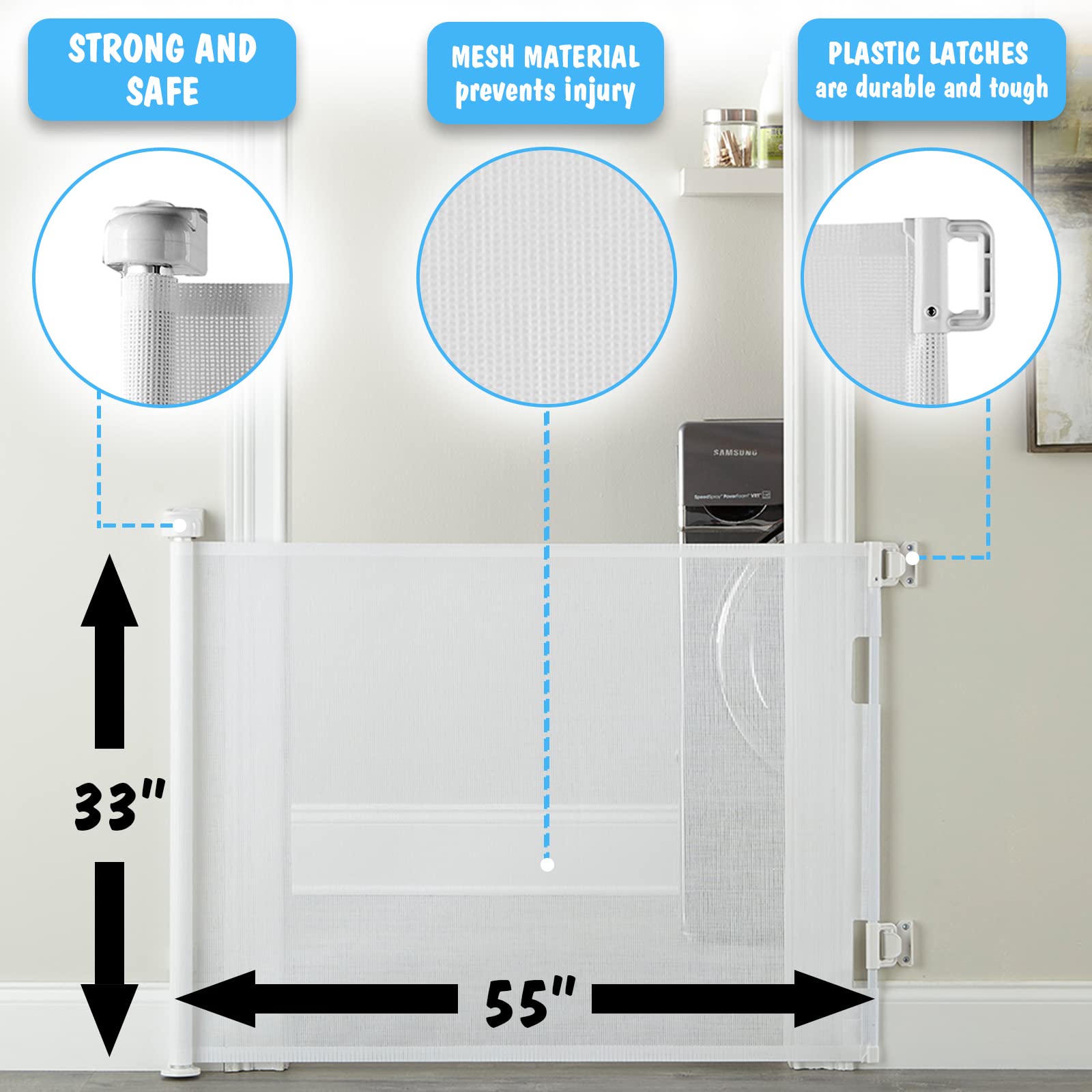 Cumbor Retractable Baby Gate for Stairs, Mesh Dog Gate for The House, Pet Gate 33” Tall Extends to 55”, Wide Safety Gates for Kids or Pets, Child Gate for Doorways, Hallways, Indoor, Outdoor(White)