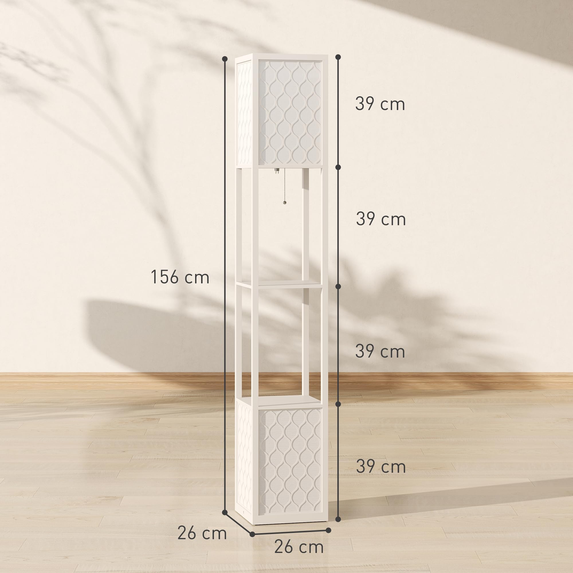 HOMCOM Lámpara de Pie con Estante, 2 Lámparas con Casquillo E27, 2 Estantes, 4 Niveles, Diseño de Nido de Abeja, Pantalla de Terileno Algodón, MDF, Gris