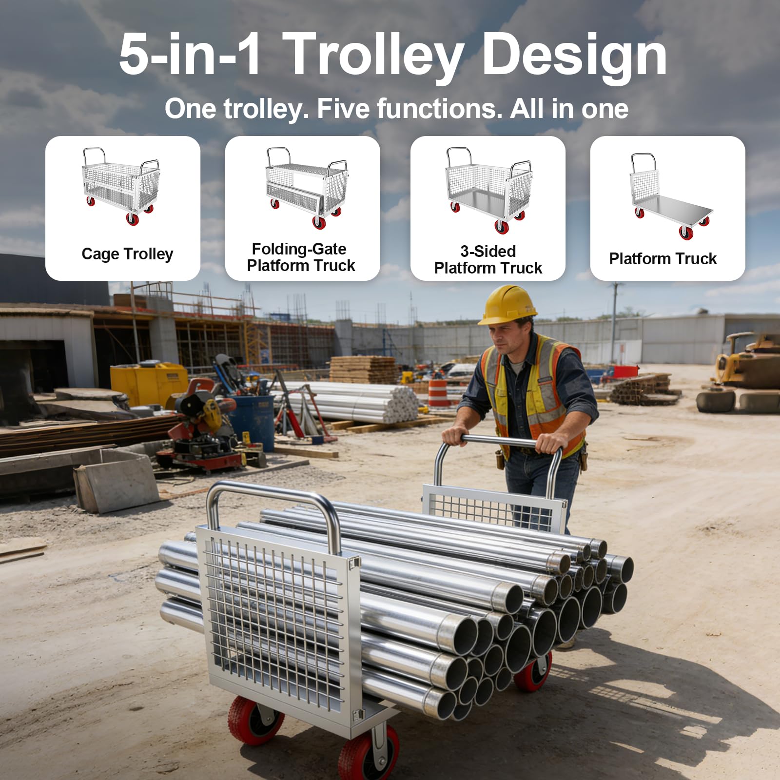 5in1 Schwerlast Plattformwagen 1000kg Traglast, Rollwagen Silber | 112x71 Cm, 15 Cm Geräuschlosen Rädern, Klappbarer, Käfig/Klapptor/3-Seiten/U-förmiger/Flachbett-Plattformwagen