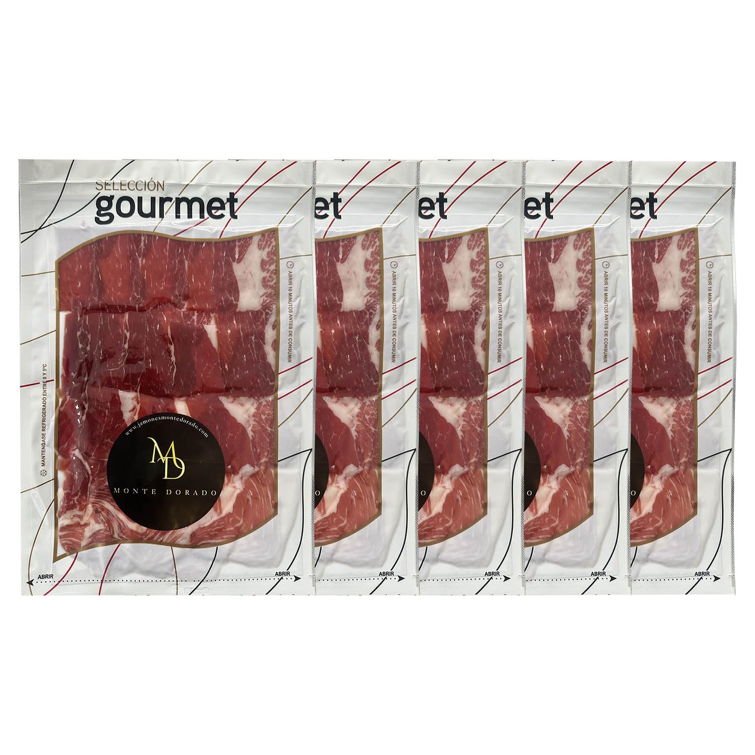 Jamón de Cebo 50% Ibérico Loncheado | Pack 5 Sobres de 100 gramos | Jamón Ibérico en Lonchas | Envasado al Vacío | Monte Dorado
