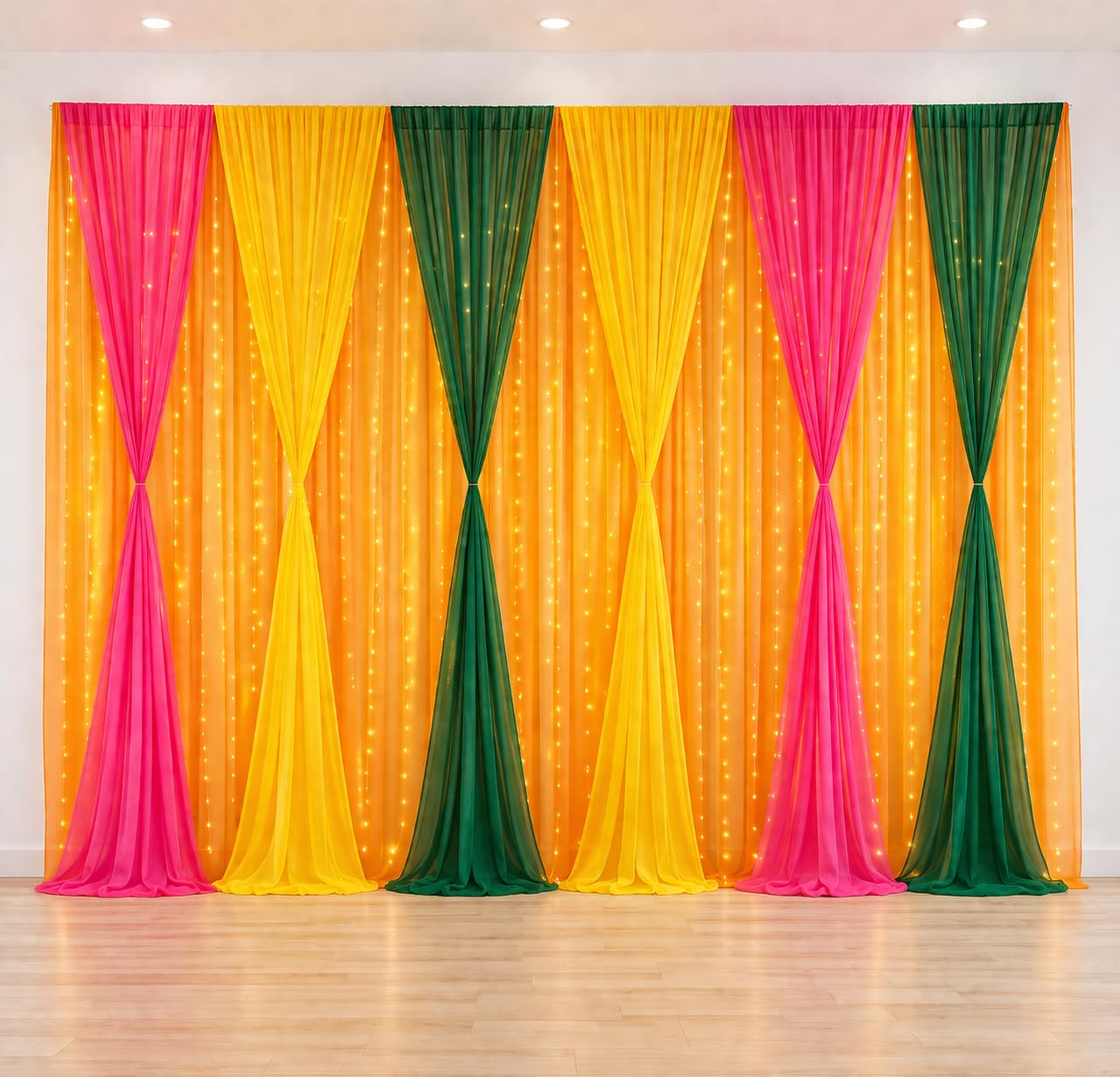 Colourful Sheer Net Backdrop Curtains Cut Outs, Orange, Pink, Yellow and Green, Party Wedding Ganpati Decor (Colorful 2)-image-45