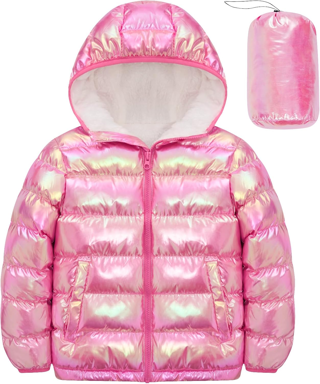 Lovekider 4-12 Years Girls Metallic Shine Hooded Puffer Jacket Packable Warmth Padded Winter Coat