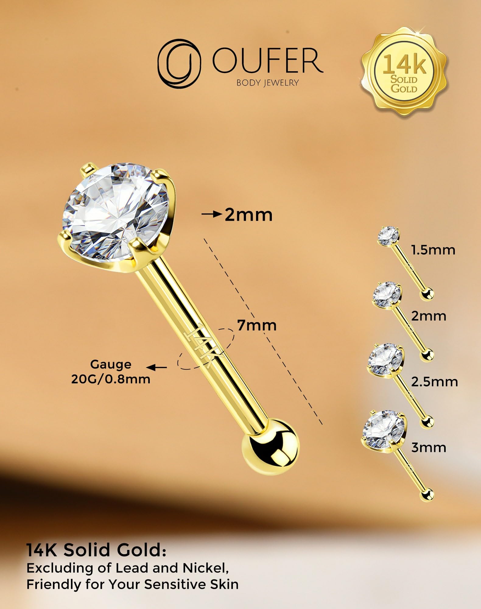 OUFER Body Piercing Nose Stud 14K Gold Nose Bar Clear 1.5/2/2.5/3mm CZ Nose Rings Bone Studs 22G Nostril Piercings Tiny Nose Piercing Jewelry for Women Men