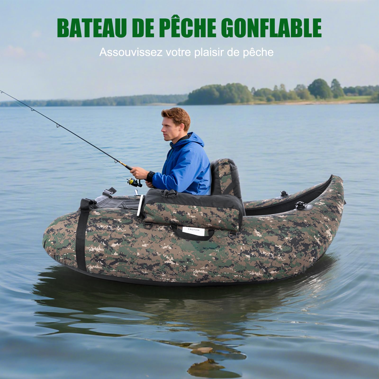 LEADZM Bateau de Pêche Gonflable Camouflage, Float Tube avec Pompe, Support de Canne Peches, Sangles Réglables, Sac de Rangement, Capacité de Charge 150 kg