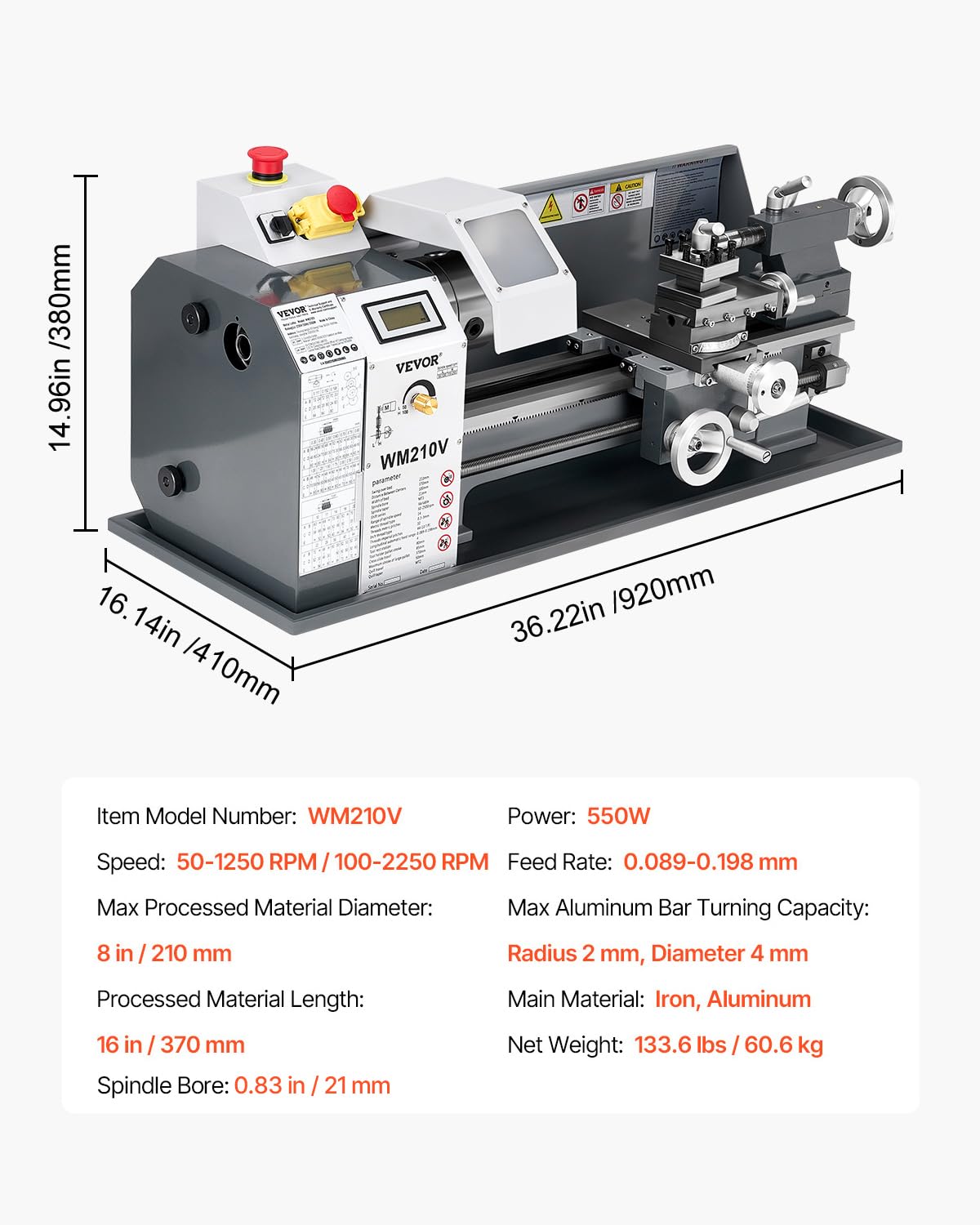 VEVOR Tornio per Metalli, 210 x 370 mm, Tornio di Precisione da Banco, Variabile Velocità 2500 Giri al Minuto, con Mandrino Ingranaggio 550 W per Elaborare Metalli Morbidi Legno Plastici