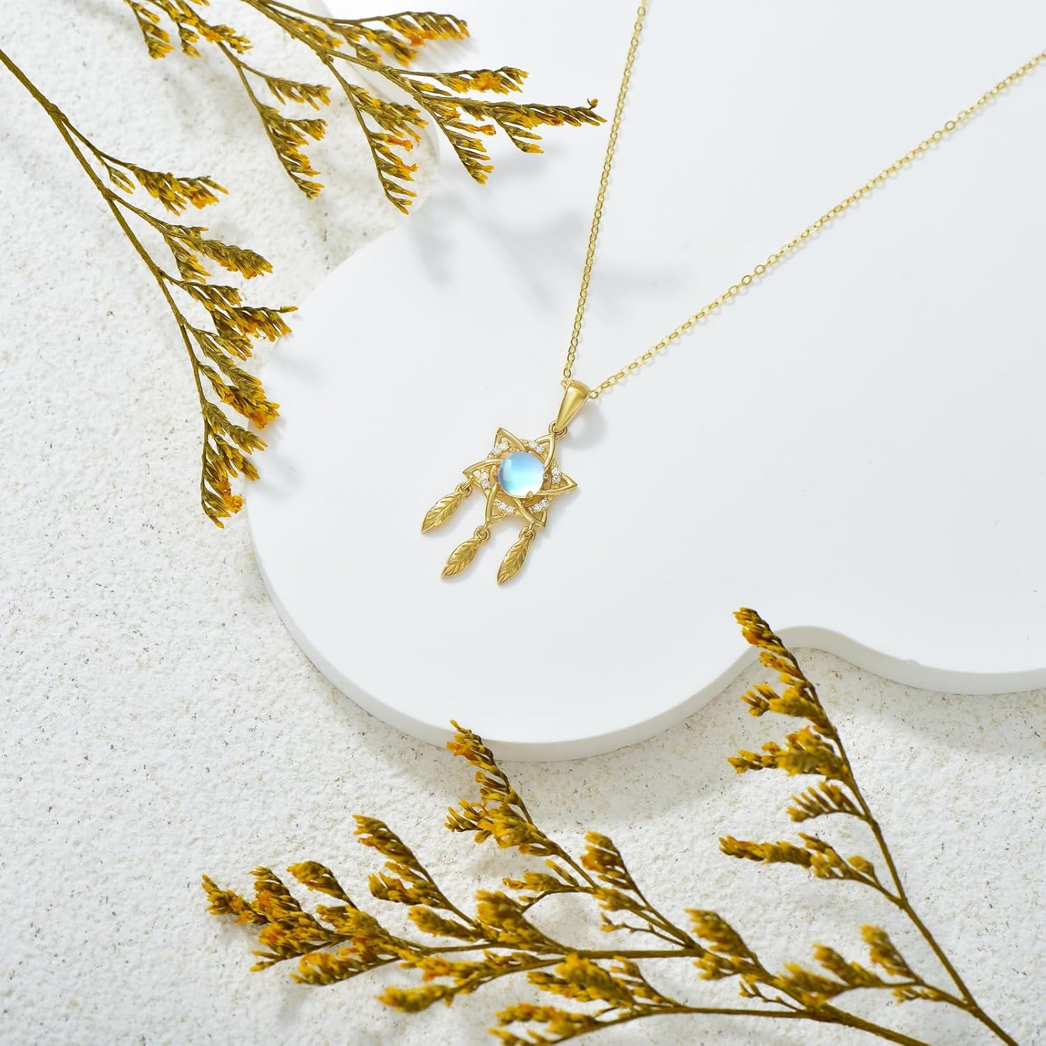 SISGEM 14K Real Gold Celtic Love Knot Necklace for Women,Yellow Gold Moonstone Dream Catcher Necklaces Religion Jewelry Christmas Birthday Gifts for Wife Mom 16''-18'' - Image 4