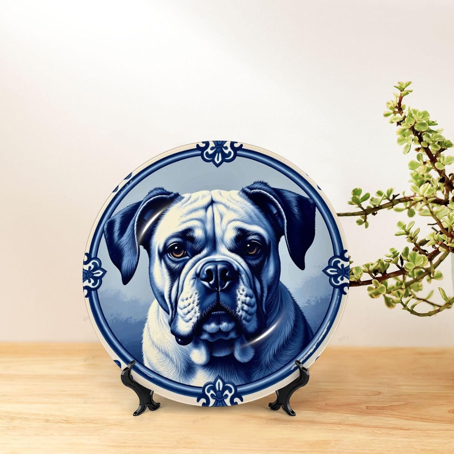 Blue White Bulldog Style Ceramic Plate Display Decorative Plate With Stand Wall Hanging Plate For Home Decor 10 Inch