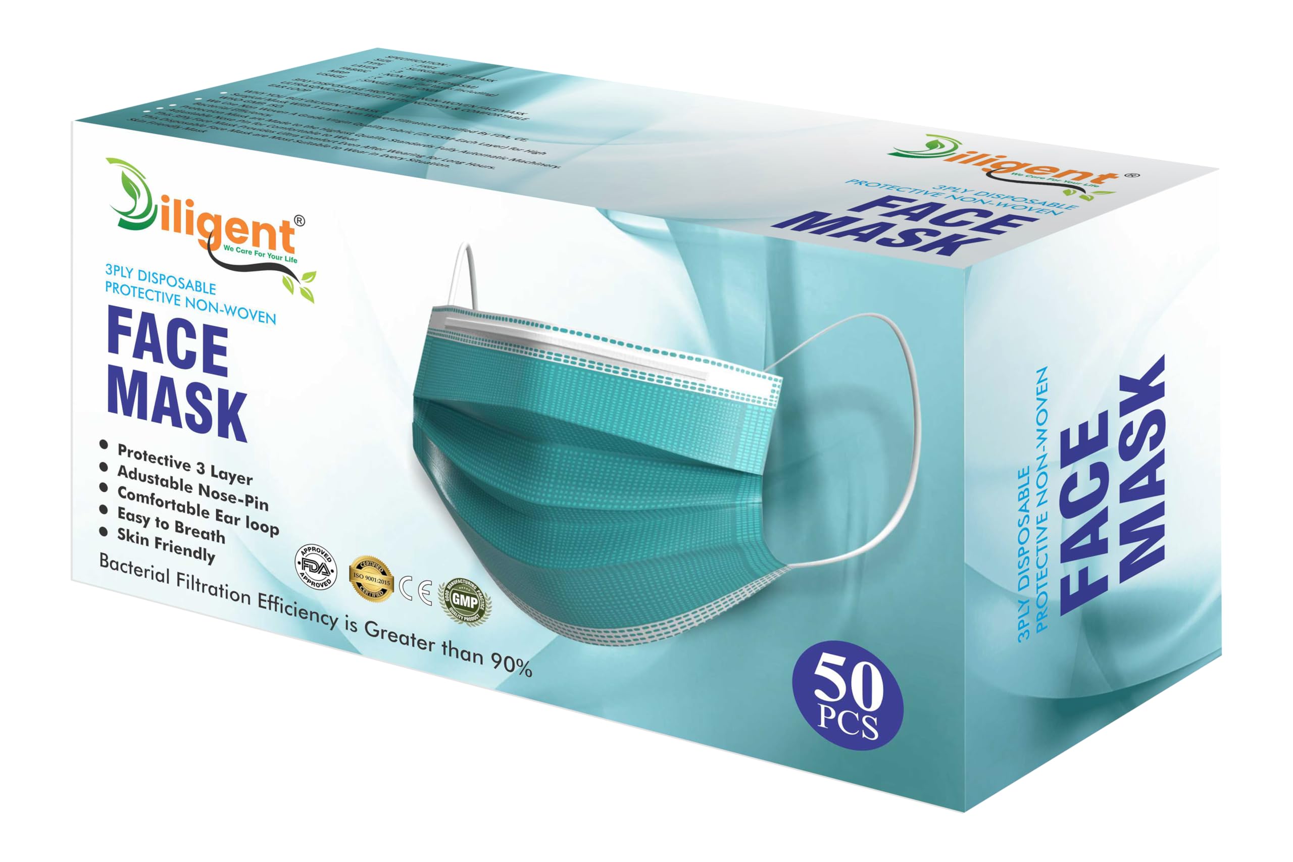 Diligent- We Care For your Life Non Woven Ultrasonically Sealed With Nose Pin and Soft Earloop Disposable Three Layer Disposable Pollution Face Mask For All-image-3