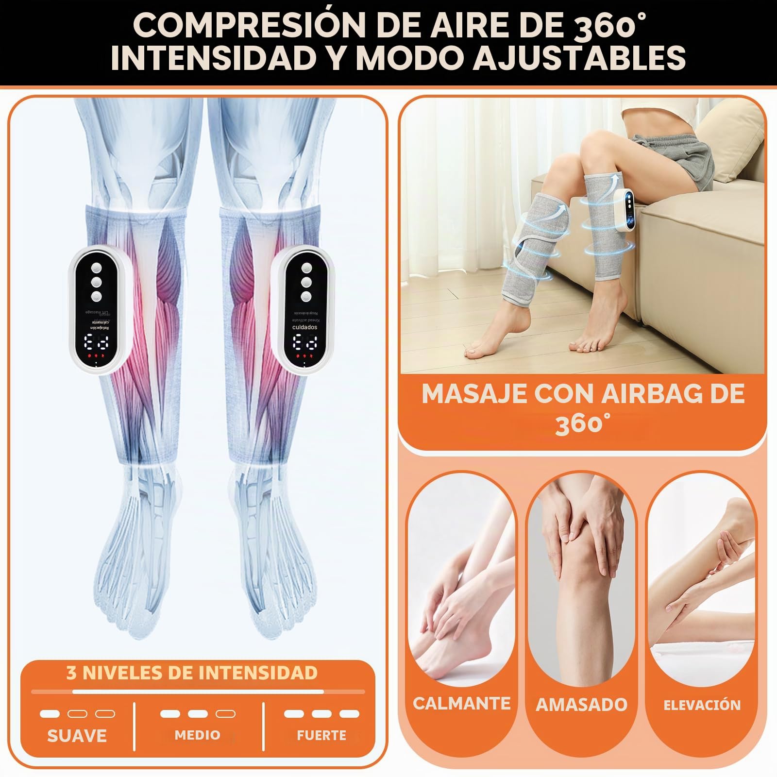 2 Piezas Masajeador Piernas, Masajeador pare Circulacion Piernas, Masaje de Compresión de Aire, 3 modos, 3 intensidades, 3 Niveles de Calor, 2000mAh para Hogar/Oficina/Post-Entrenamiento