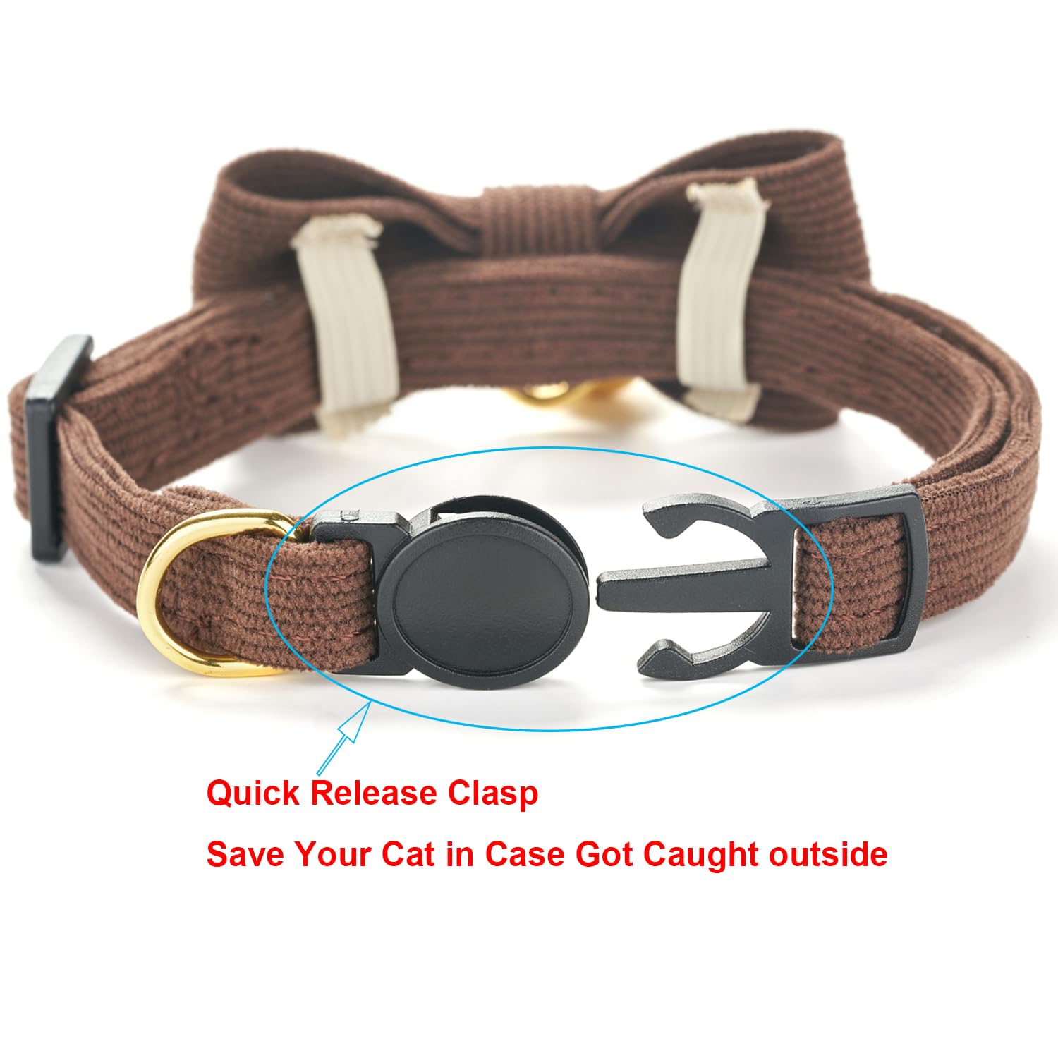 YUDOTE Ultra-soft Collar Natural Cotton Corduroy Made for Cats with Sensitive Skin,Lightweight Kitten Collars with Quick-release Buckle and Removeable Bow-tie,Brown Pack of 1 - Image 3