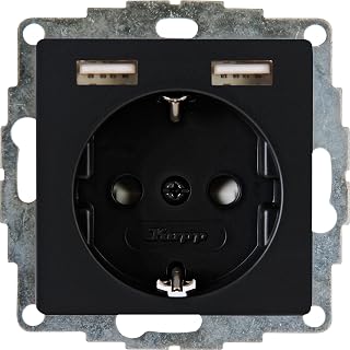 Kopp Athenis Schutzkontakt-Steckdose, 1-fach mit 2 x USB Ladebuchsen, 16A, 250V~, Ausgangsstrom der Ladebuchsen max. 2400mA/5V, IP20, schwarz, matte Oberfläche, 296250082
