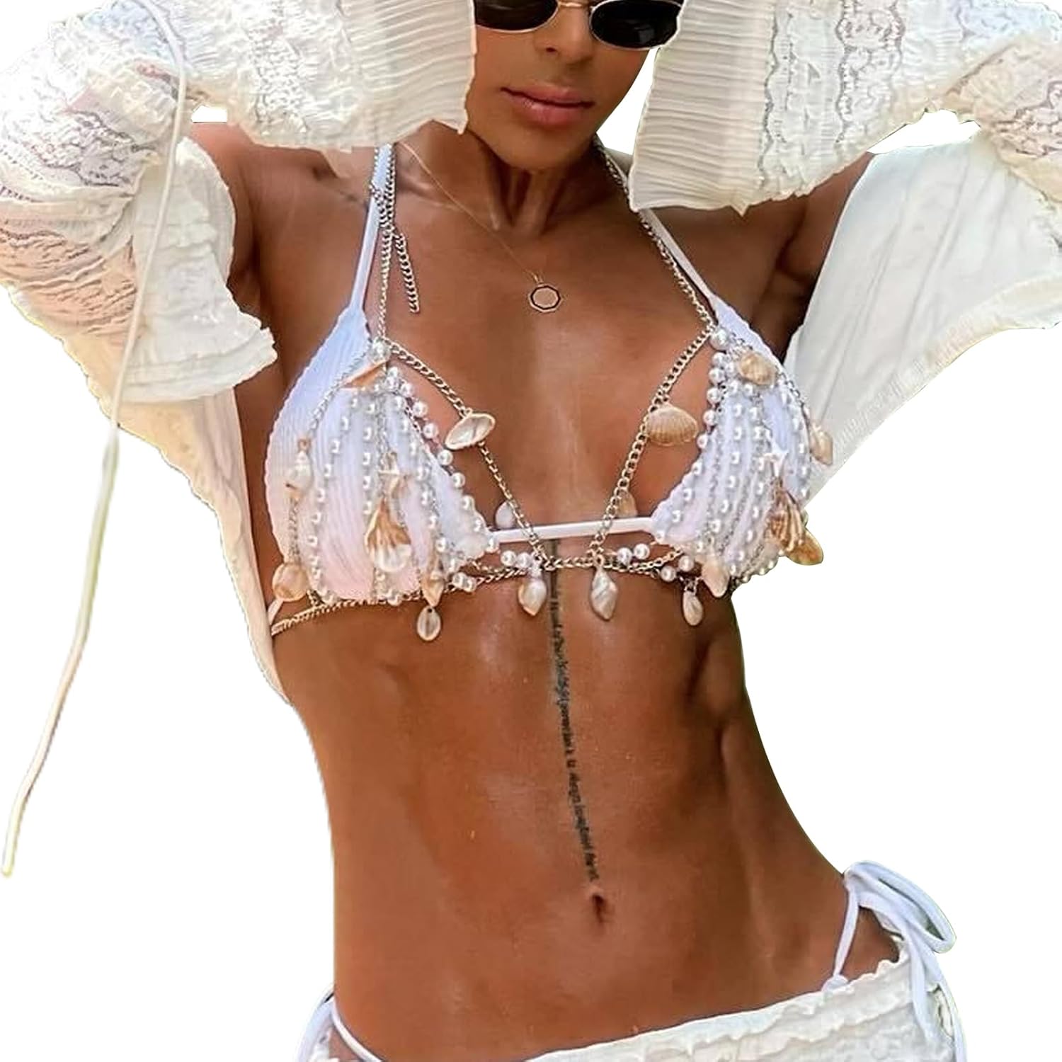 White Pearl Seashell Tassel Bra Chain,Summer Beach Conch Seashell Pendant Body Chain Bikini Pearl Beads Chest Chain Jewelry for Women - Image 3