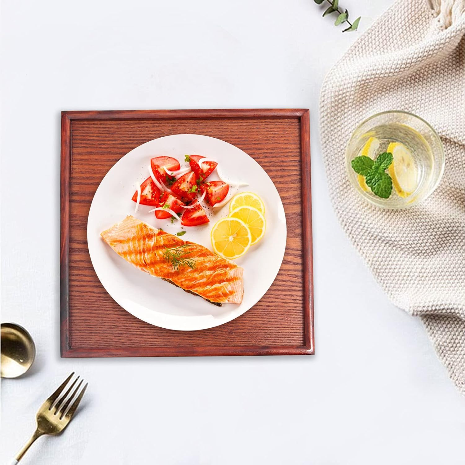 Solid Wood Serving Tray, Square Non-Slip Tea Coffee Snack Plate, Serving Tray with Raised Edges, for Home Kitchen Restaurant - Image 3
