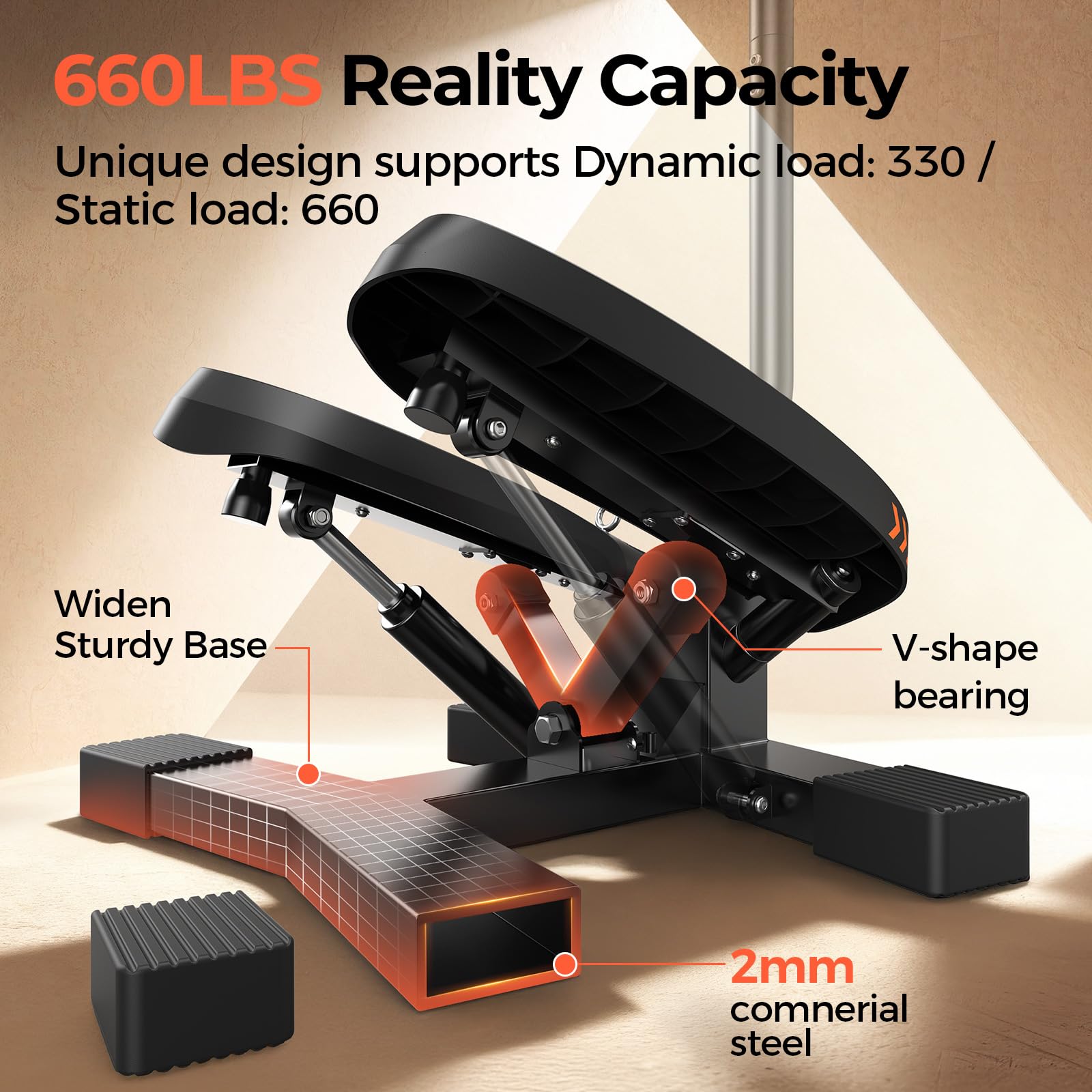 Sportsroyals Stepper Fitness 3in1 | Mini Stepper Fitness Casa con Bande di Resistenza + Monitor LCD, 150 kg