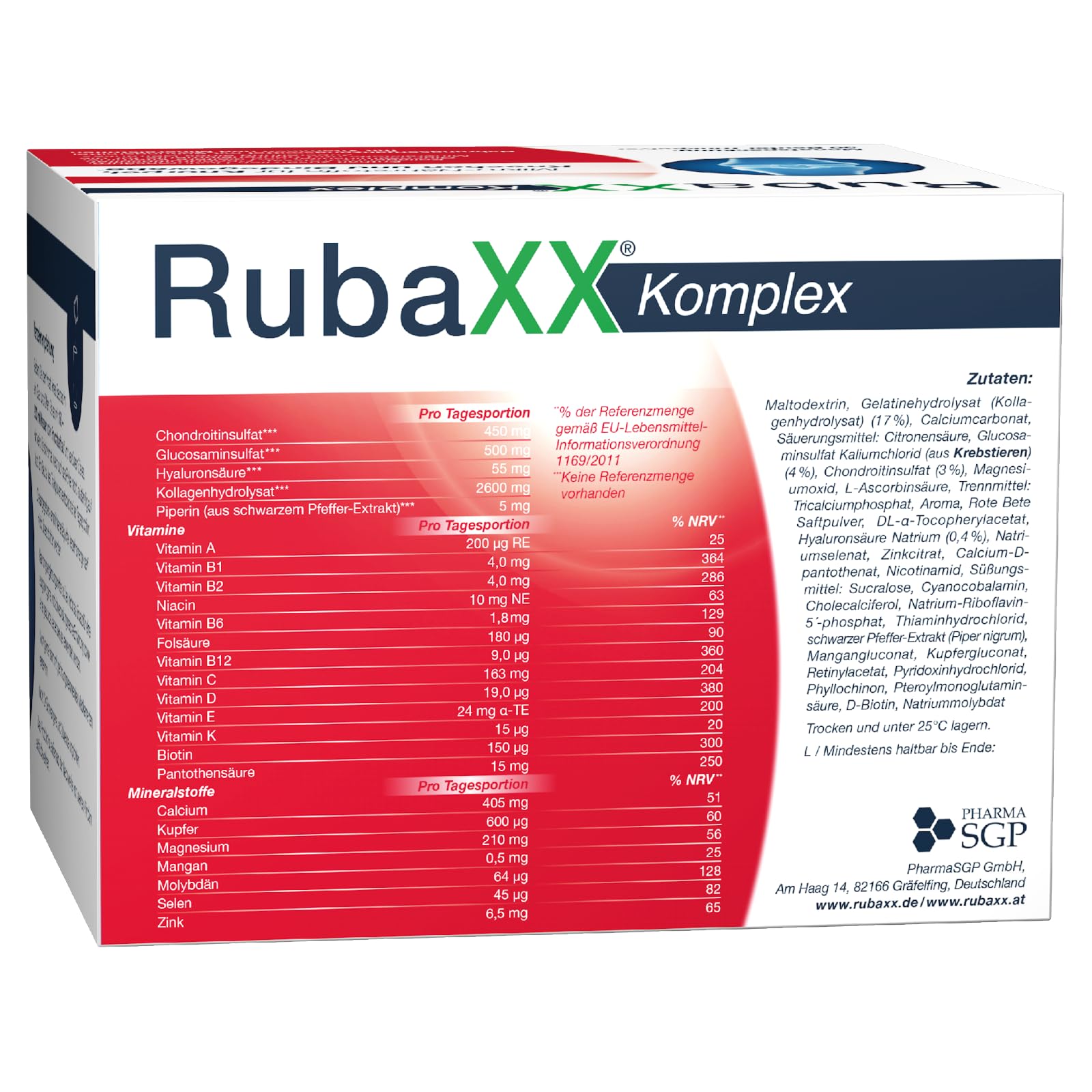 RubaXX® Komplex - Mikro-Nährstoffkomplex mit Kollagen, Glucosamin, Chondroitin und Hyaluronsäure sowie Vitaminen und Mineralstoffen - 30 Beutel - Qualitätsprodukt