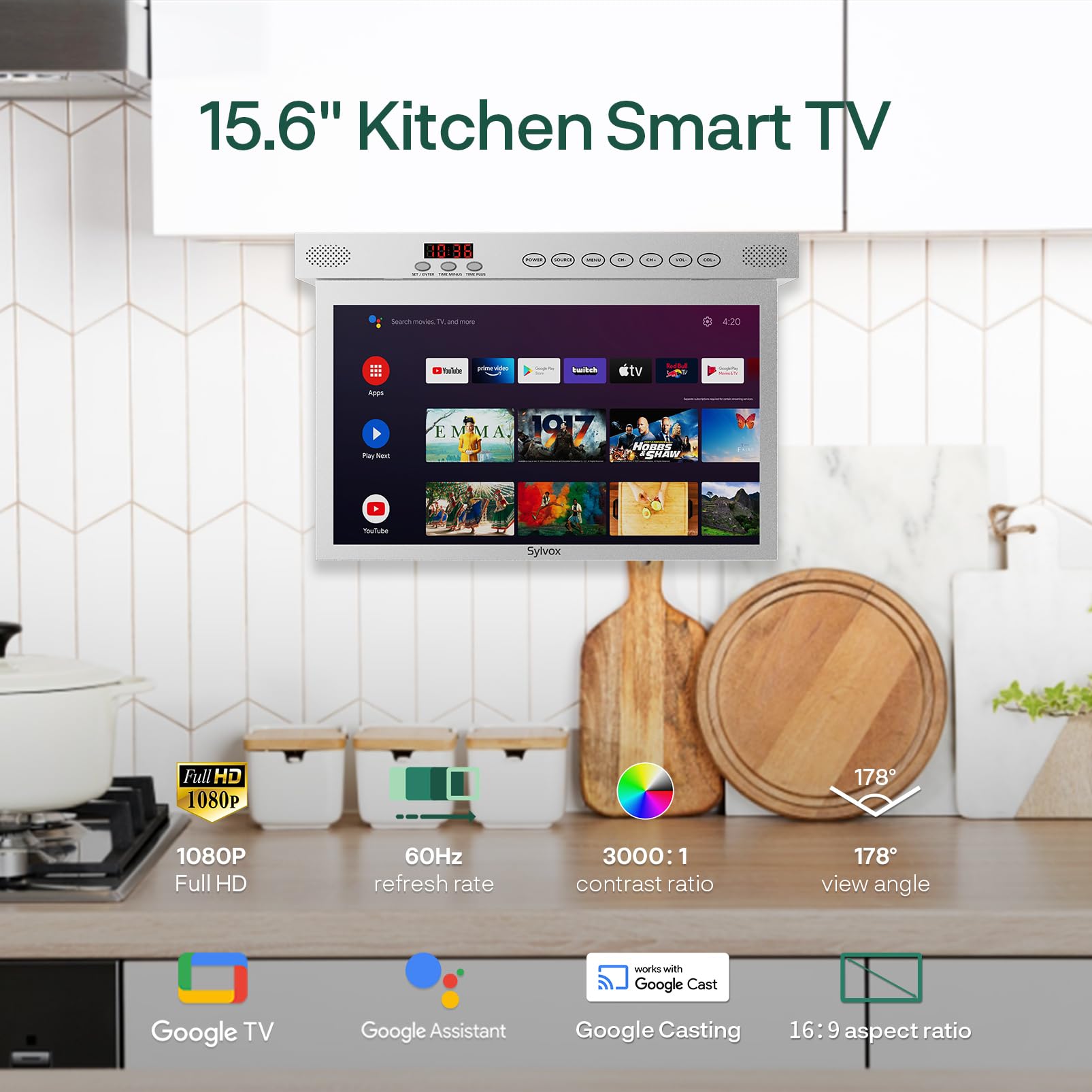 SYLVOX 15.6" TV per Cucina Ribaltabile,1080P FHD, Google 12V TV - Argento | Mini TV Pieghevole a 90°, Girevole ± 180°, DVB-T2/S2, HEVC 10 | USB | Kitchen Televisione per Camper, Camera