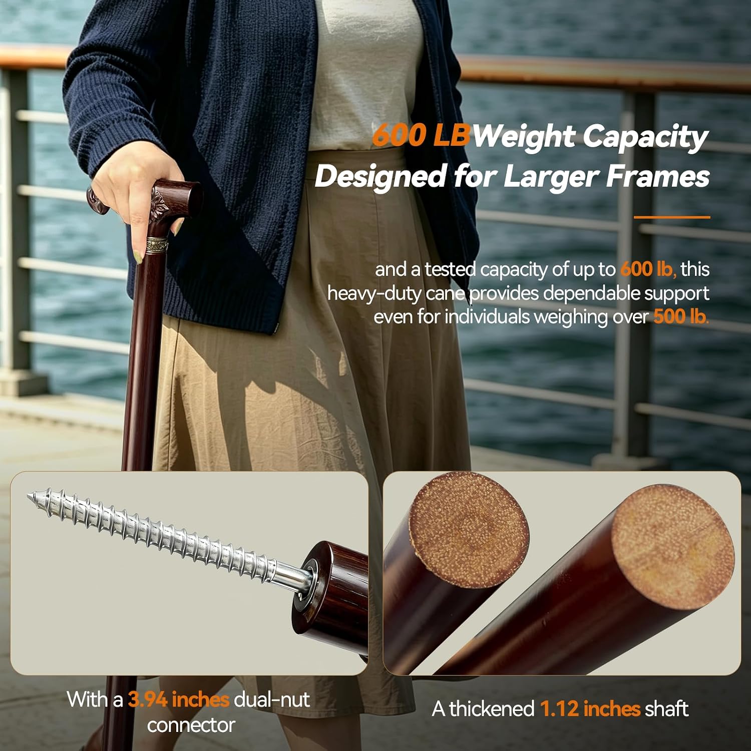 Deomai Wooden Walking Cane, 600 lb Capacity Canes for Overweight Men Women