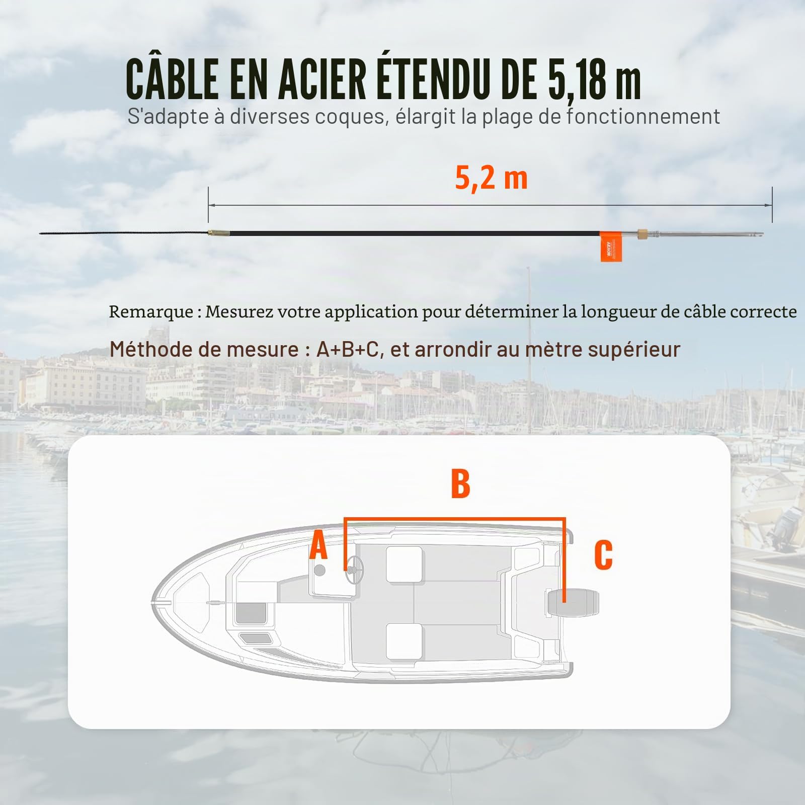 VEVOR Câble de Commande pour Bateau 520 cm Câble d'Accélérateur Force de Traction Maximale 500 kg Câble de Direction Compatible avec la Plupart des Systèmes de Direction de Hors-Bord à Station Unique