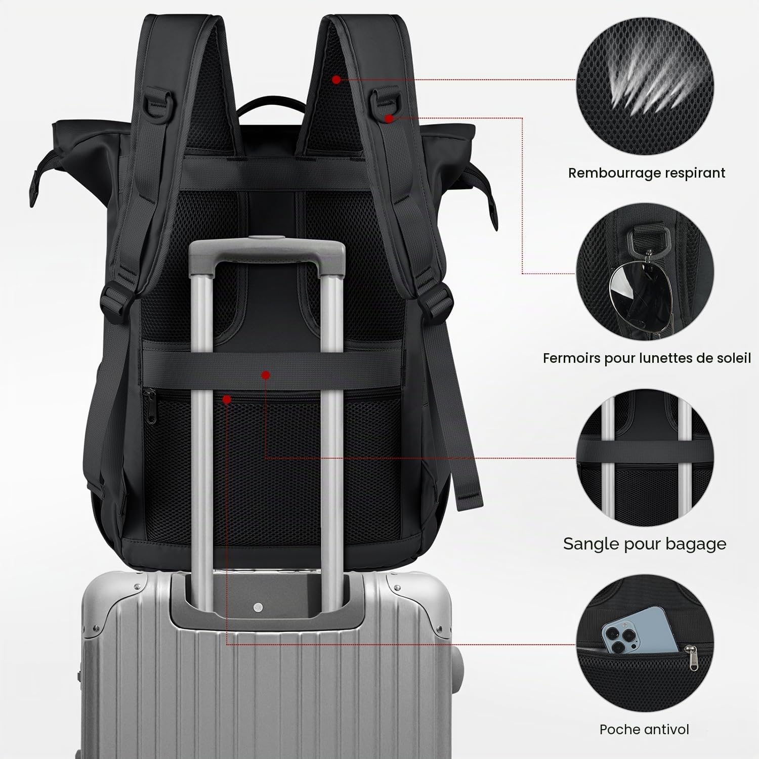 Lubardy Sac a Dos Homme Femme Résistant pour Ordinateur Portable 17 Pouces | Sac Roll-Top avec Trou USB pour École Travail Voyage Loisirs Randonnée