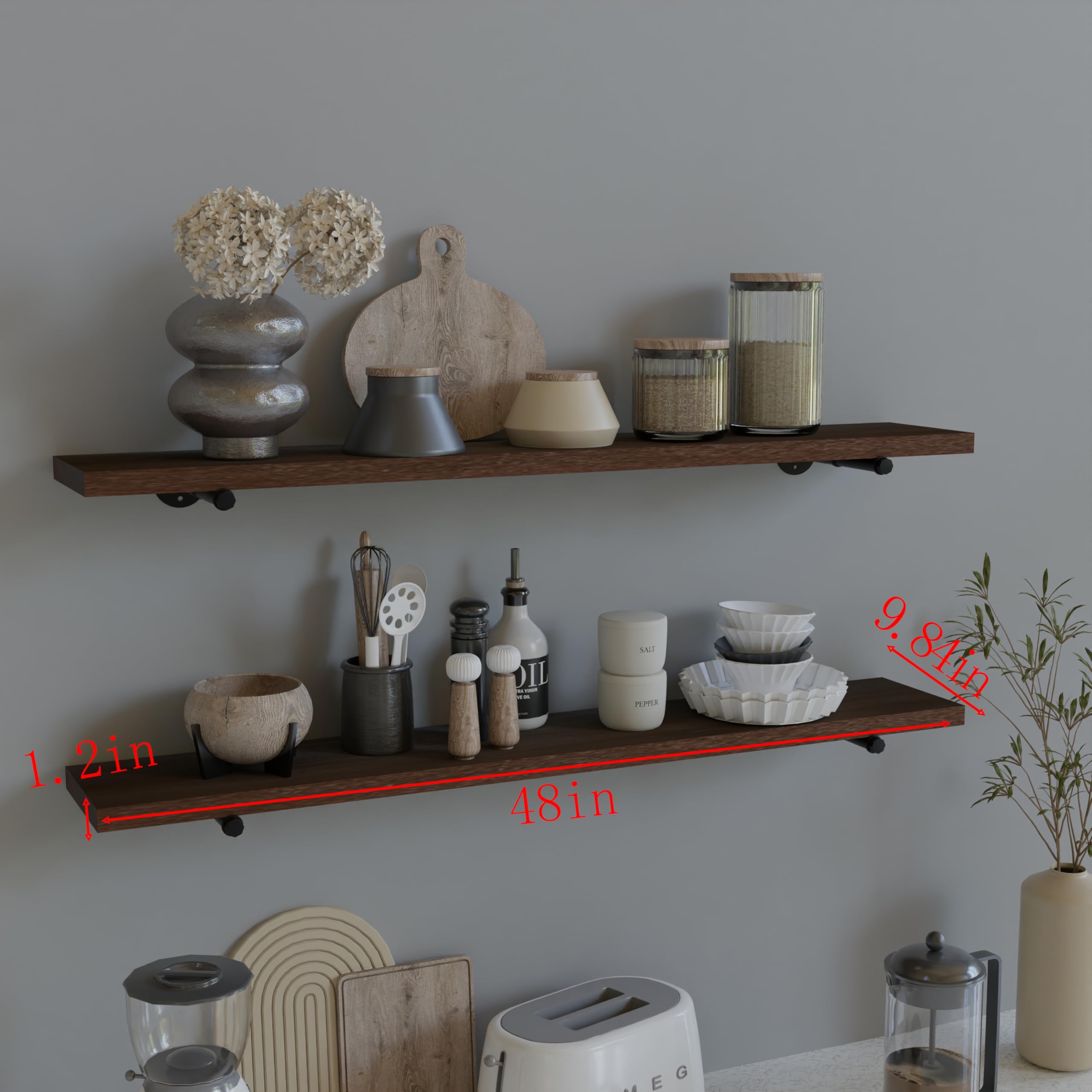 HDDFER Estantes industriales de madera de pared de tubo, estantes de madera real de 48 pulgadas en color nogal con grosor extra de 1.2 pulgadas, patas flotantes modernas