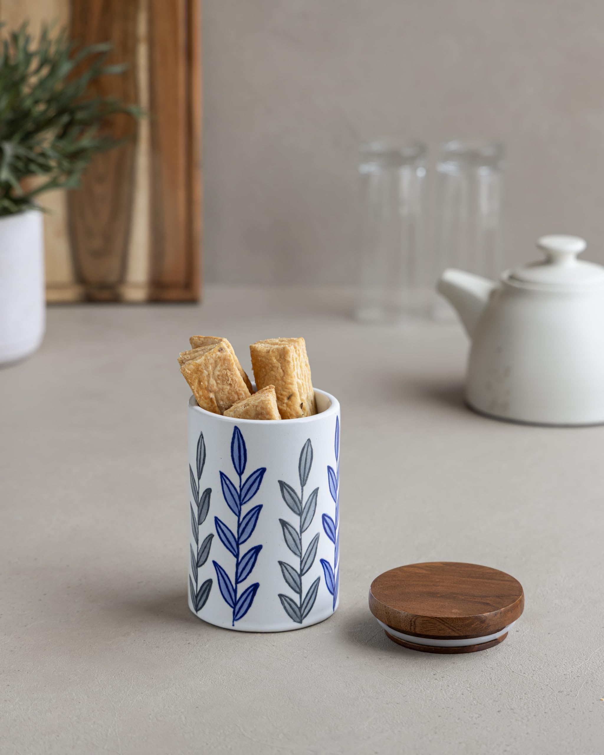 Aurum Crafts Floral Blue Handpainted Ceramic Jar with Wooden Lid | Multi Utility Storage Jar | Ceramic Kitchen Canister | Cookie Jar (Large - 750ml)