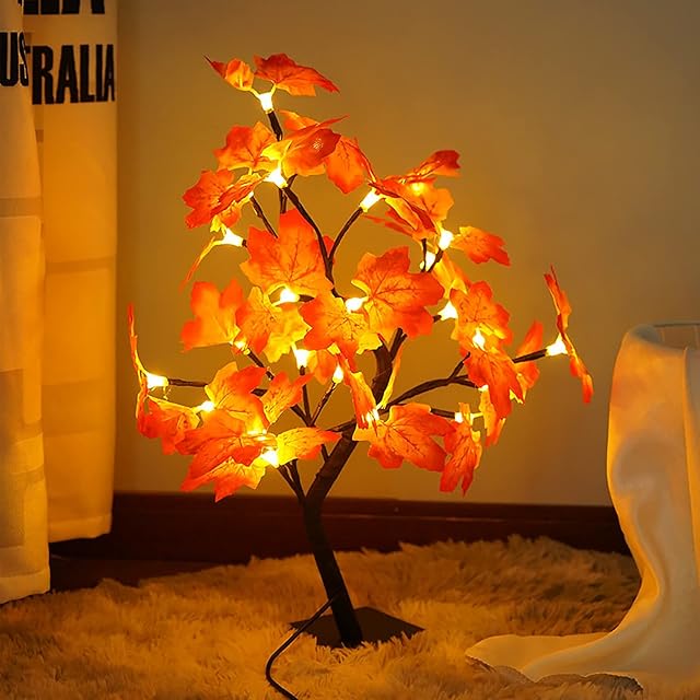 FNSAOM Fall Lighted Maple Tree,24 LED Thanksgiving Decorations Table Lights USB Lighted Artificial Maple Leaf Tree Autumn Harvest Home Tabletop Tree Thanksgiving party Decor